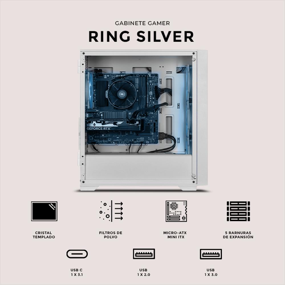 Foto 6 pulgar | Gabinete Gamer Xtreme Pc Gaming Ring Silver Edition Micro Atx 4 Fan Argb Usb-c Cristal Templado Frente Intercambiable