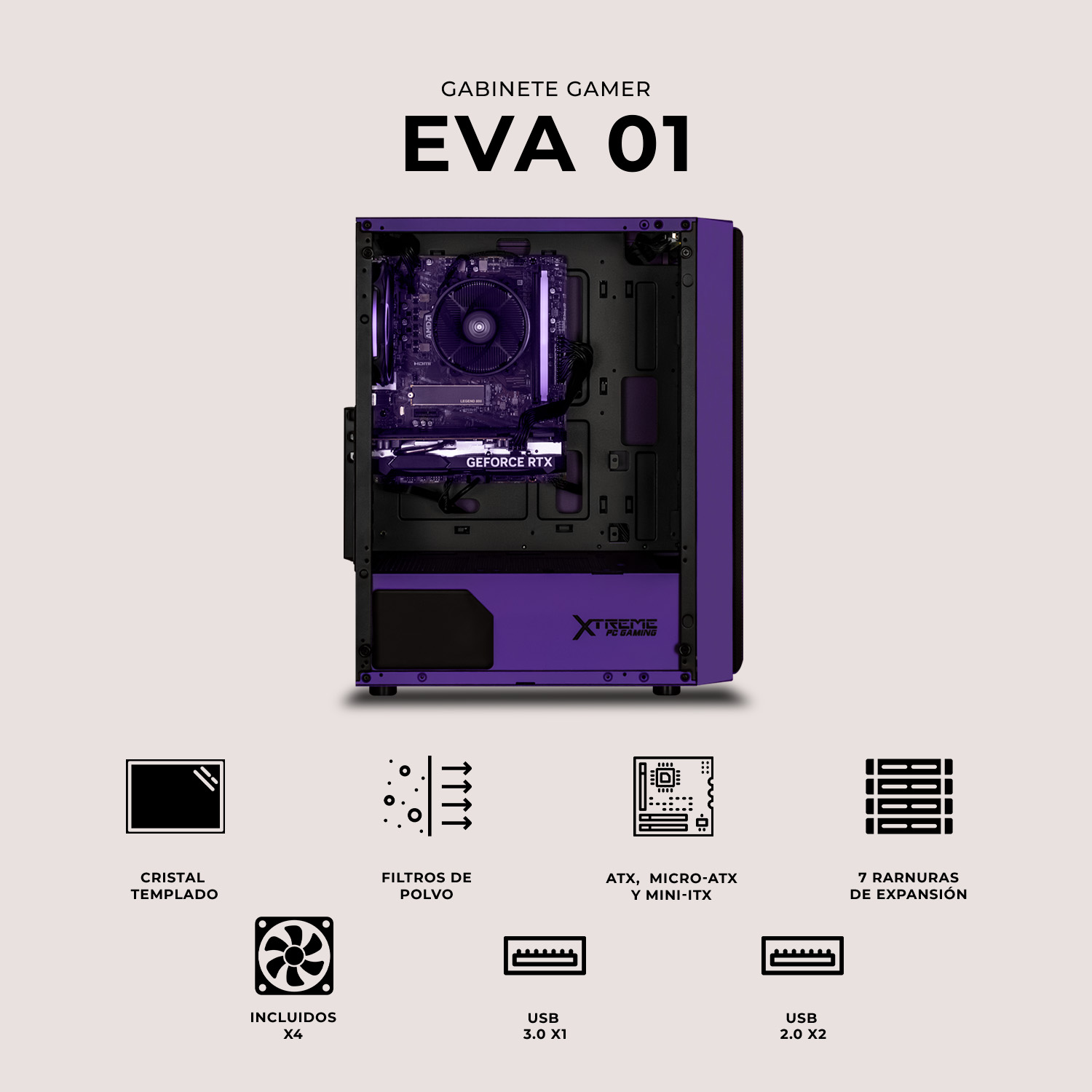 Foto 6 pulgar | Gabinete Gamer Xtreme Pc Gaming Eva 01 Comic Edition Media Torre Atx 4 Fan Argb Cristal Templado