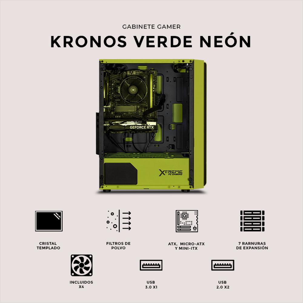 Foto 6 pulgar | Gabinete Gamer Xtreme Pc Gaming Kronos Media Torre Atx 4 Fan Argb Cristal Templado Verde Neon