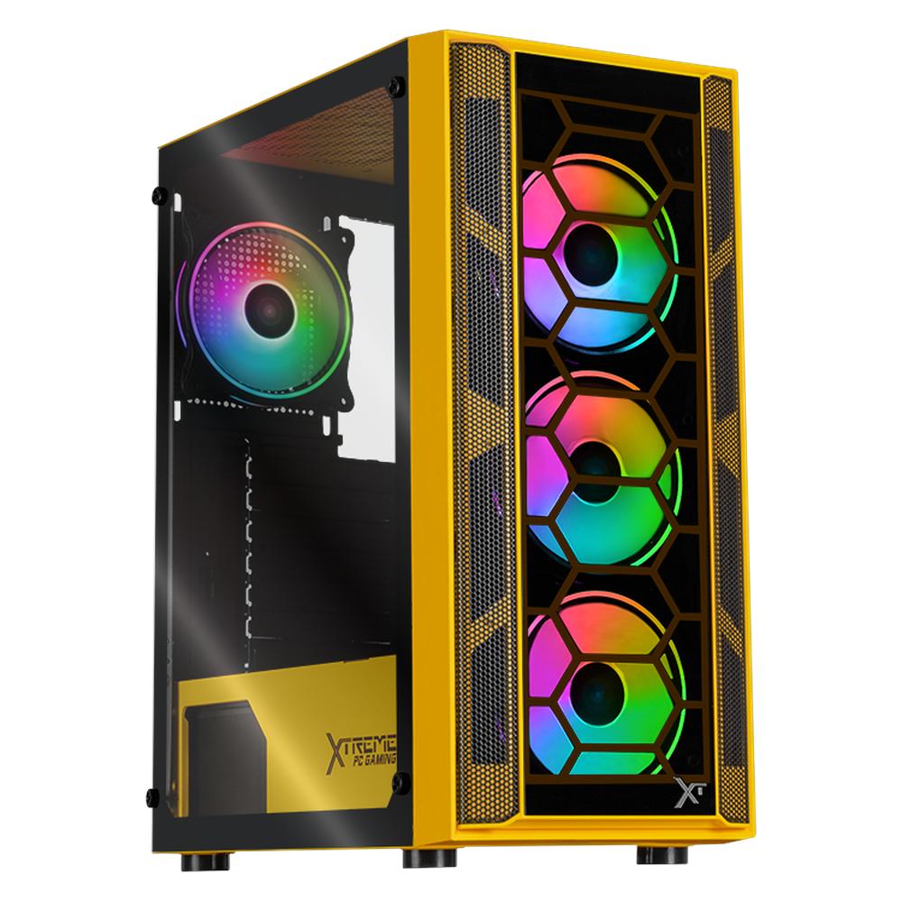 Gabinete Gamer Xtreme Pc Gaming Kronos Media Torre Atx 4 Fan Argb Cristal Templado Amarillo