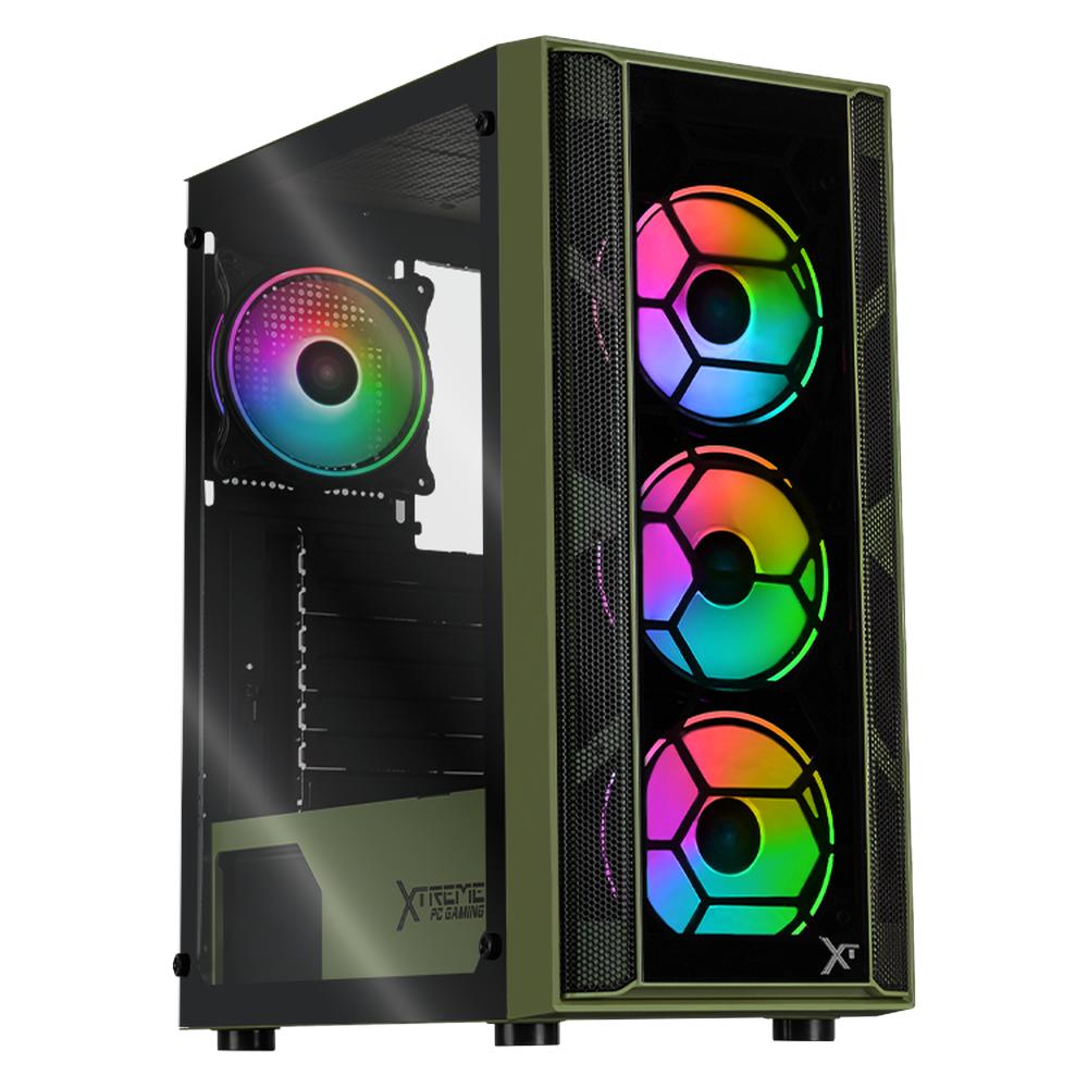 Gabinete Gamer Xtreme Pc Gaming Kronos Media Torre Atx 4 Fan Argb Cristal Templado Verde Militar