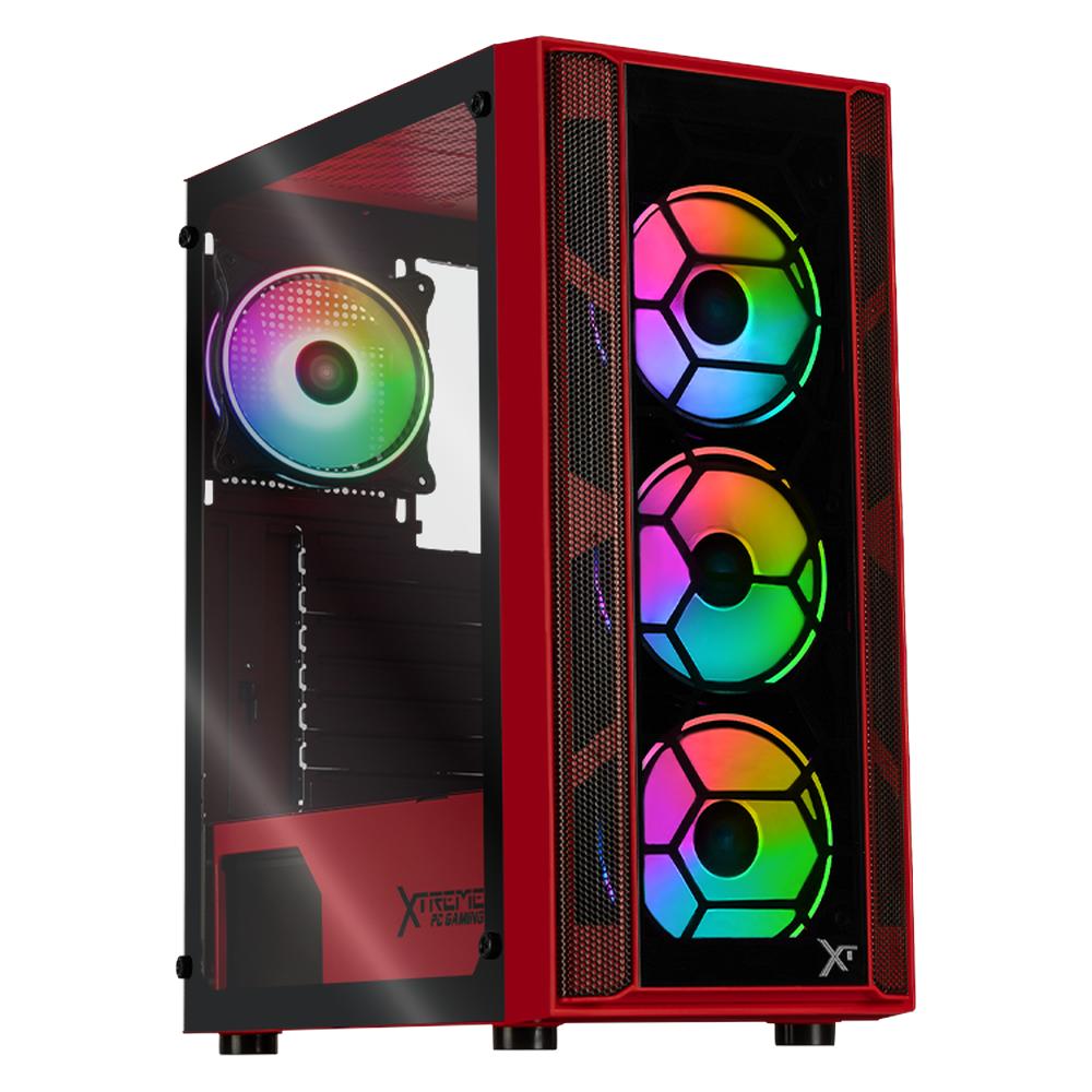 Gabinete Gamer Xtreme Pc Gaming Kronos Media Torre Atx 4 Fan Argb Cristal Templado Rojo
