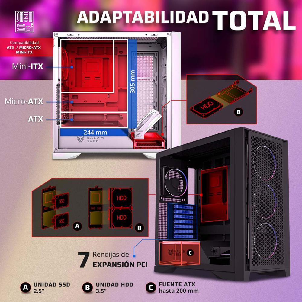 Foto 4 pulgar | Gabinete Gamer Balam Rush Carbono Polar Twin Mate 9900 Atx Media Torre 5 Fan Argb Frente Intercambiable Usb-c Negro