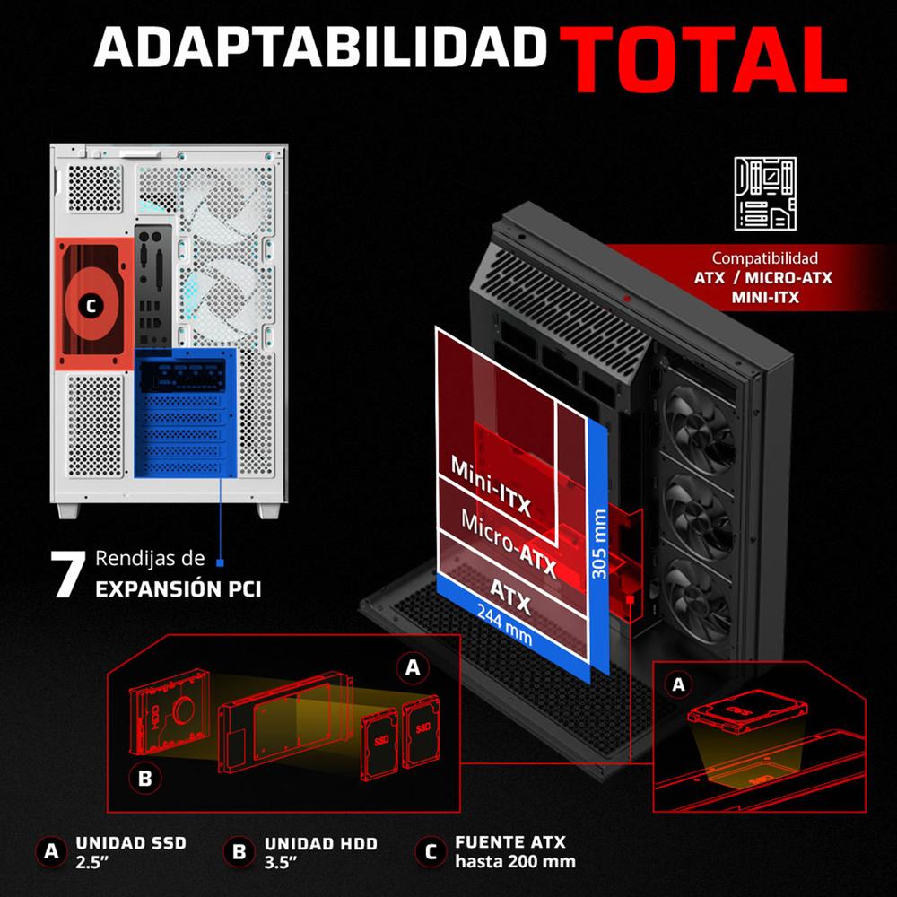 Foto 3 pulgar | Gabinete Gamer Balam Rush Tank Majestic 7600 Atx Media Torre 5 Fan Panel Cristal Templado Usb-c Argb Blanco Br-941501