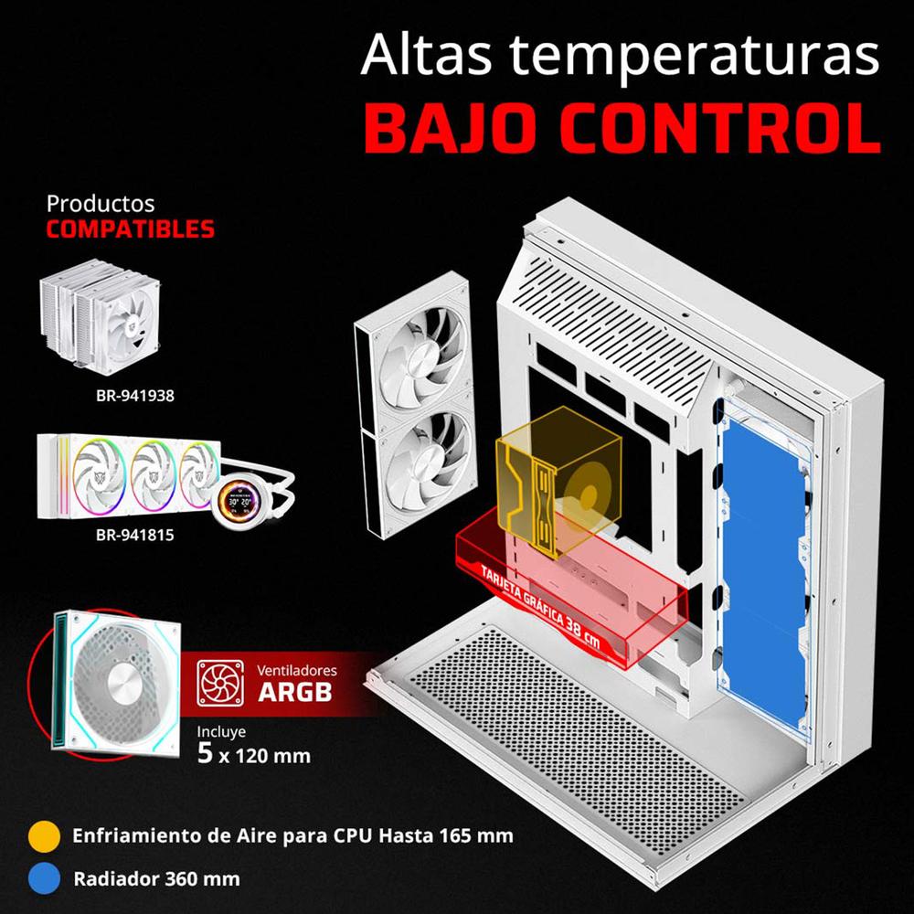 Foto 4 pulgar | Gabinete Gamer Balam Rush Tank Majestic 7600 Atx Media Torre 5 Fan Panel Cristal Templado Usb-c Argb Blanco Br-941501