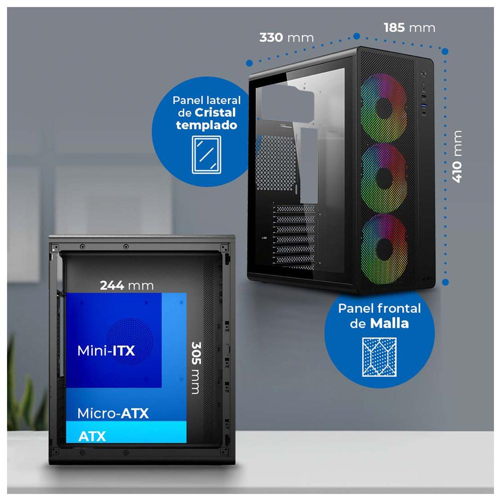 Foto 6 pulgar | Gabinete Acteck Essen Pro X Gm767 Atx Media Torre 3 Fan Rgb Cristal Templado Usb-c Mesh Negro Ac-941709