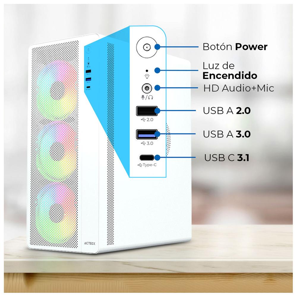Foto 4 | Gabinete Acteck Essen Pro X Gm767 Atx Media Torre 3 Fan Rgb Cristal Templado Usb-c Mesh Blanco Ac-941716