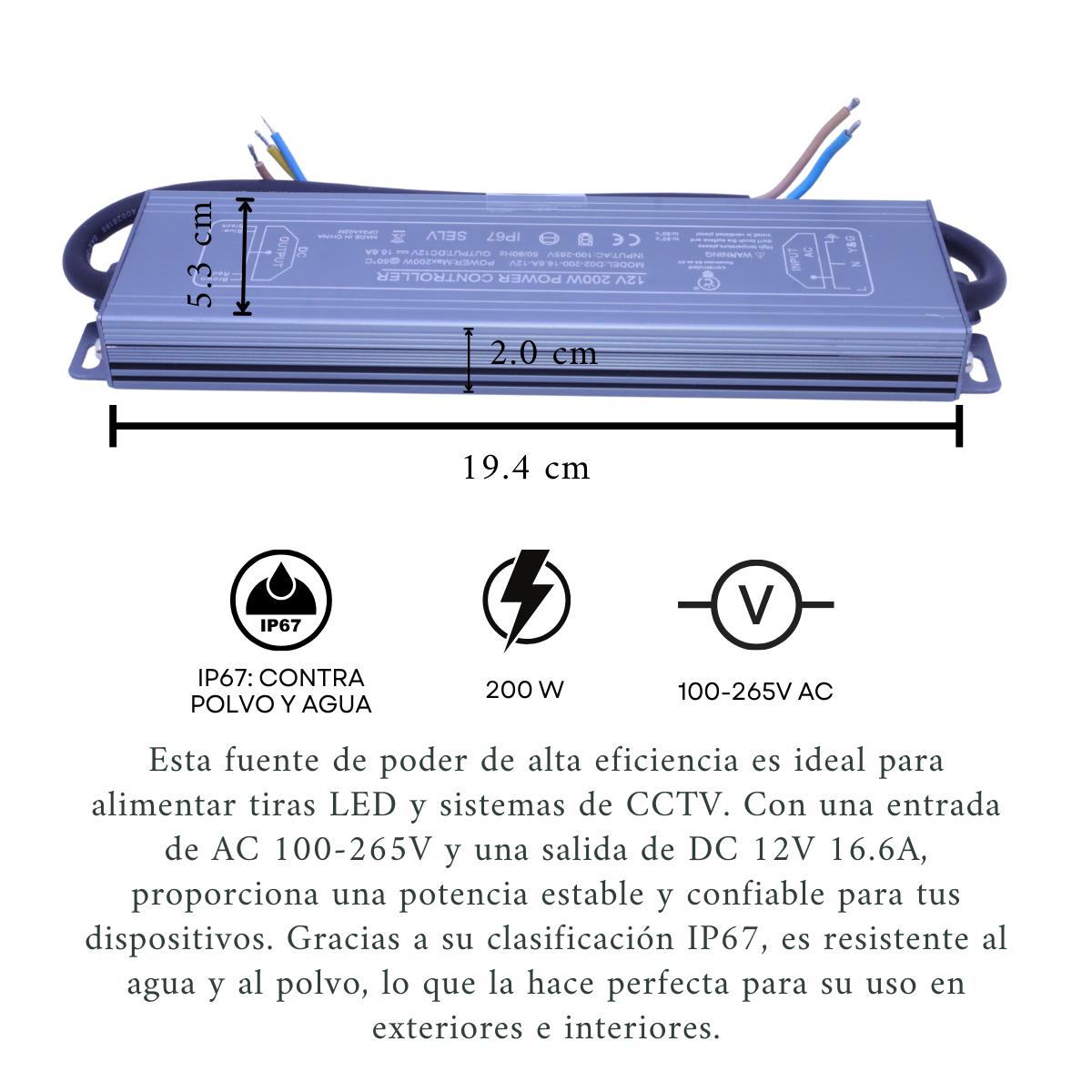 Foto 4 pulgar | Fuente De Poder 12v 200w Protección Ip67, Tiras Led Y Cctv