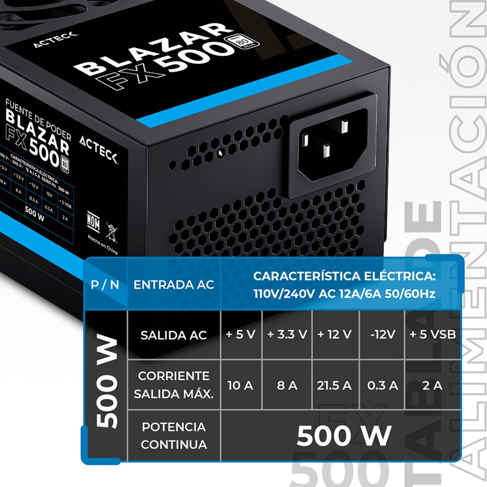 Foto 2 | Fuente De Poder Pc 500w Acteck Blazar Fx500 Tfx Negro Es-05002t