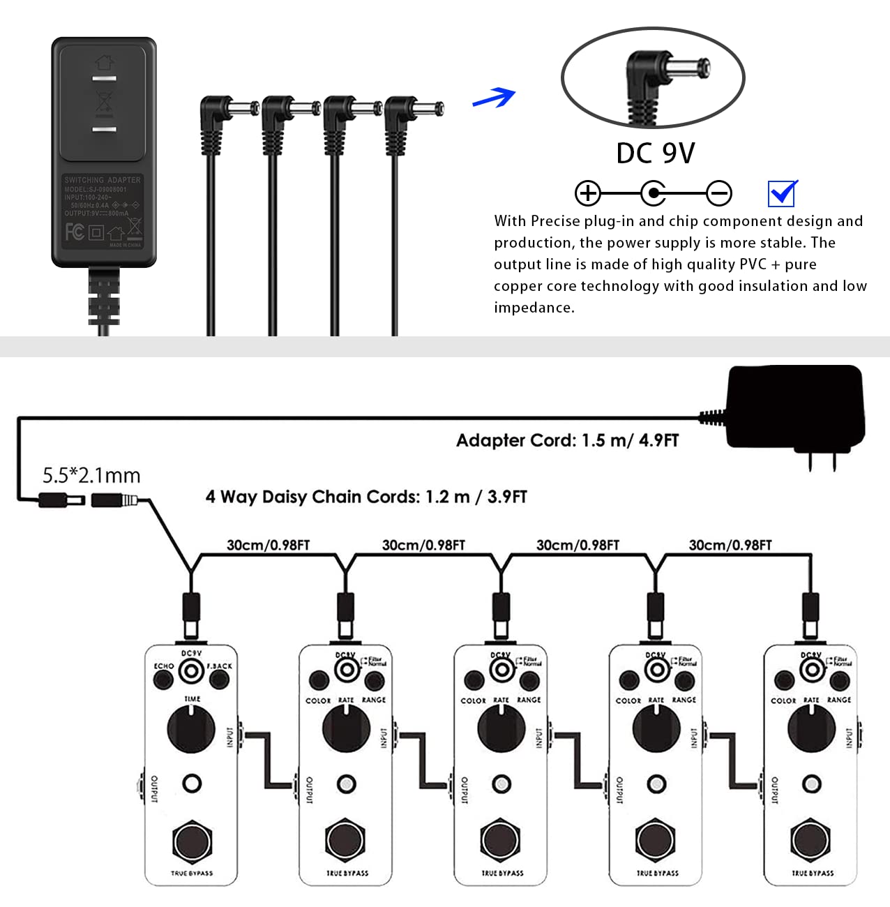 Foto 6 pulgar | Fuente De Alimentación Para Pedal De Guitarra Joyo Dc 9v 800ma - 1a Con Cables - Venta Internacional.