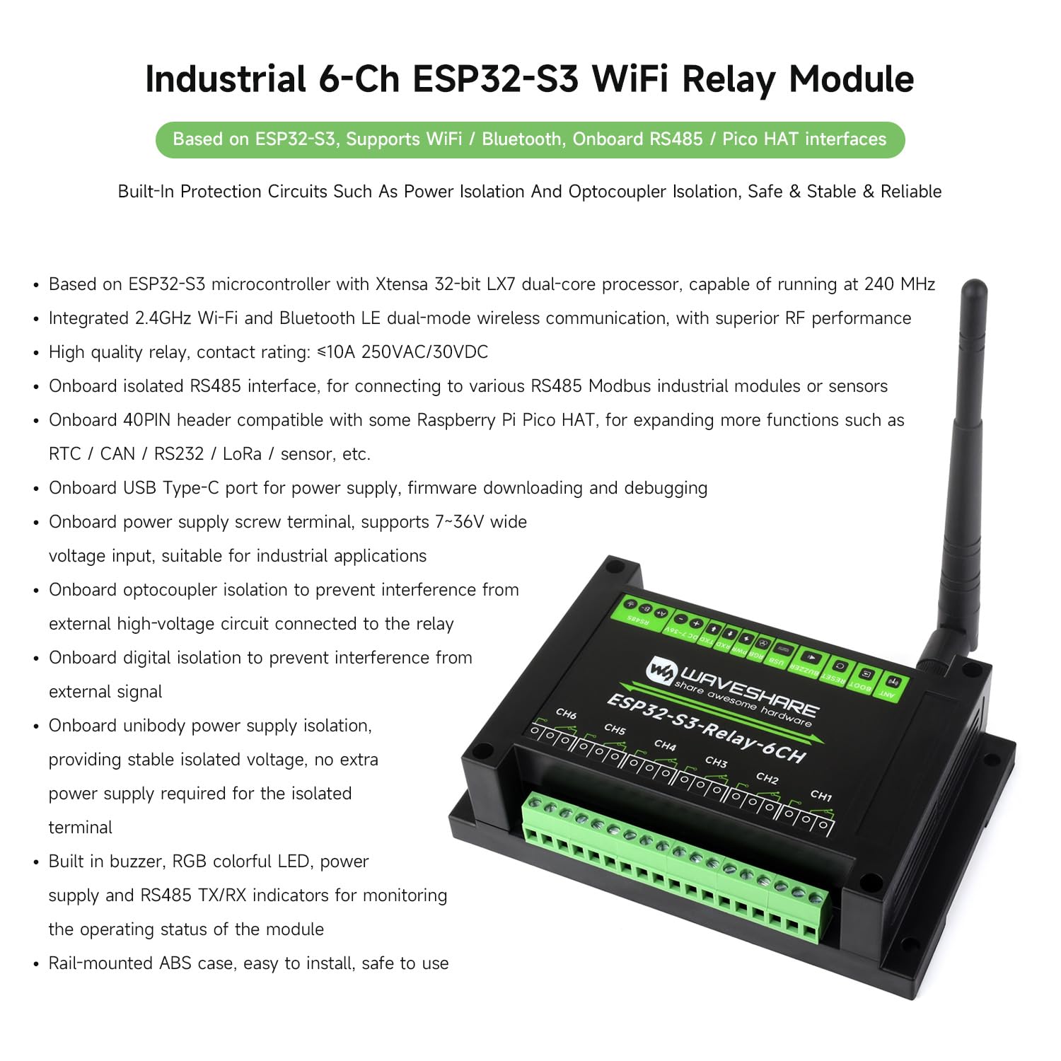Foto 4 pulgar | Módulo De Relé Wifi Industrial Waveshare Esp32-s3 De 6 Canales - Venta Internacional.