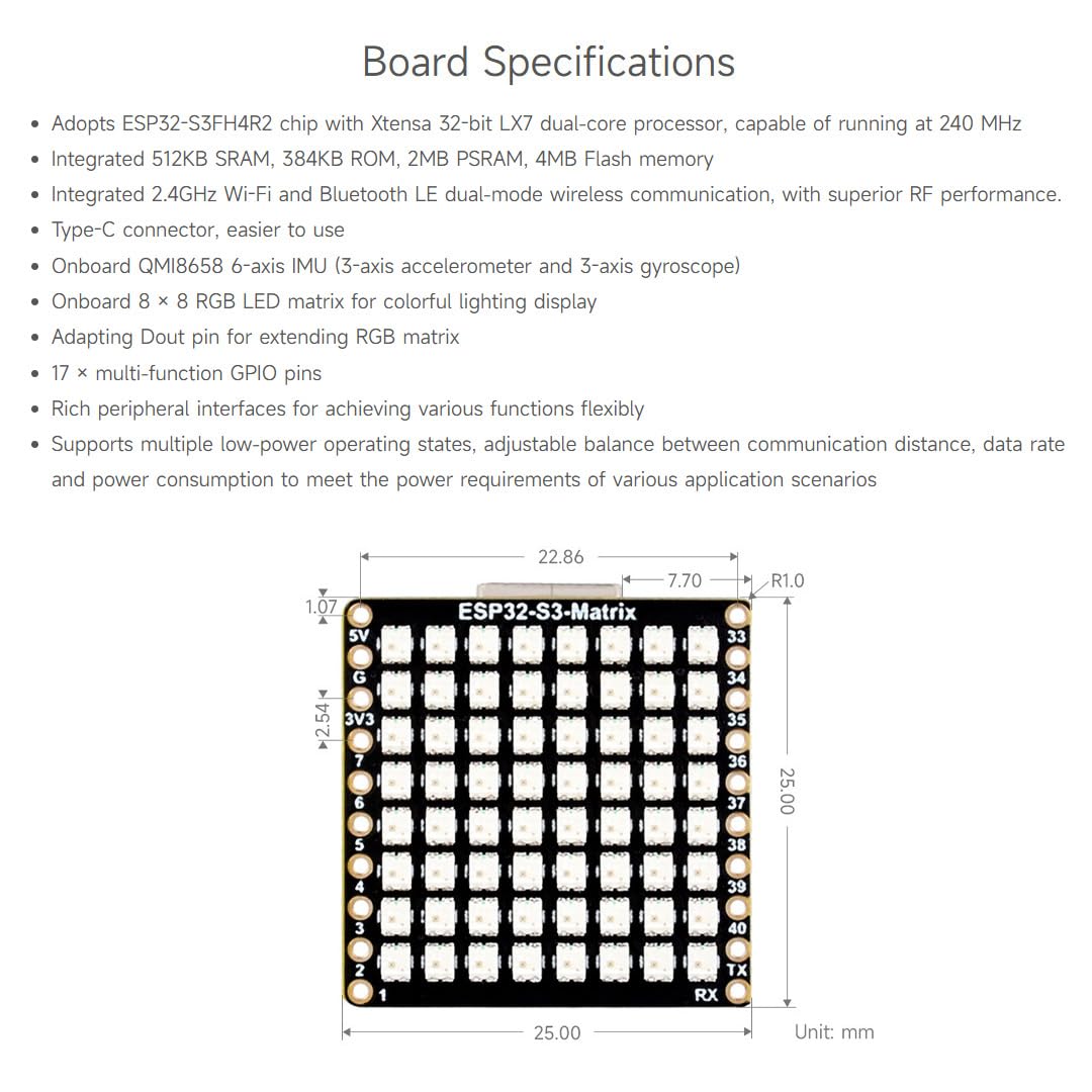Foto 5 pulgar | Placa De Desarrollo Waveshare Esp32-s3-matrix Con Led Rgb 8x8 - Venta Internacional.
