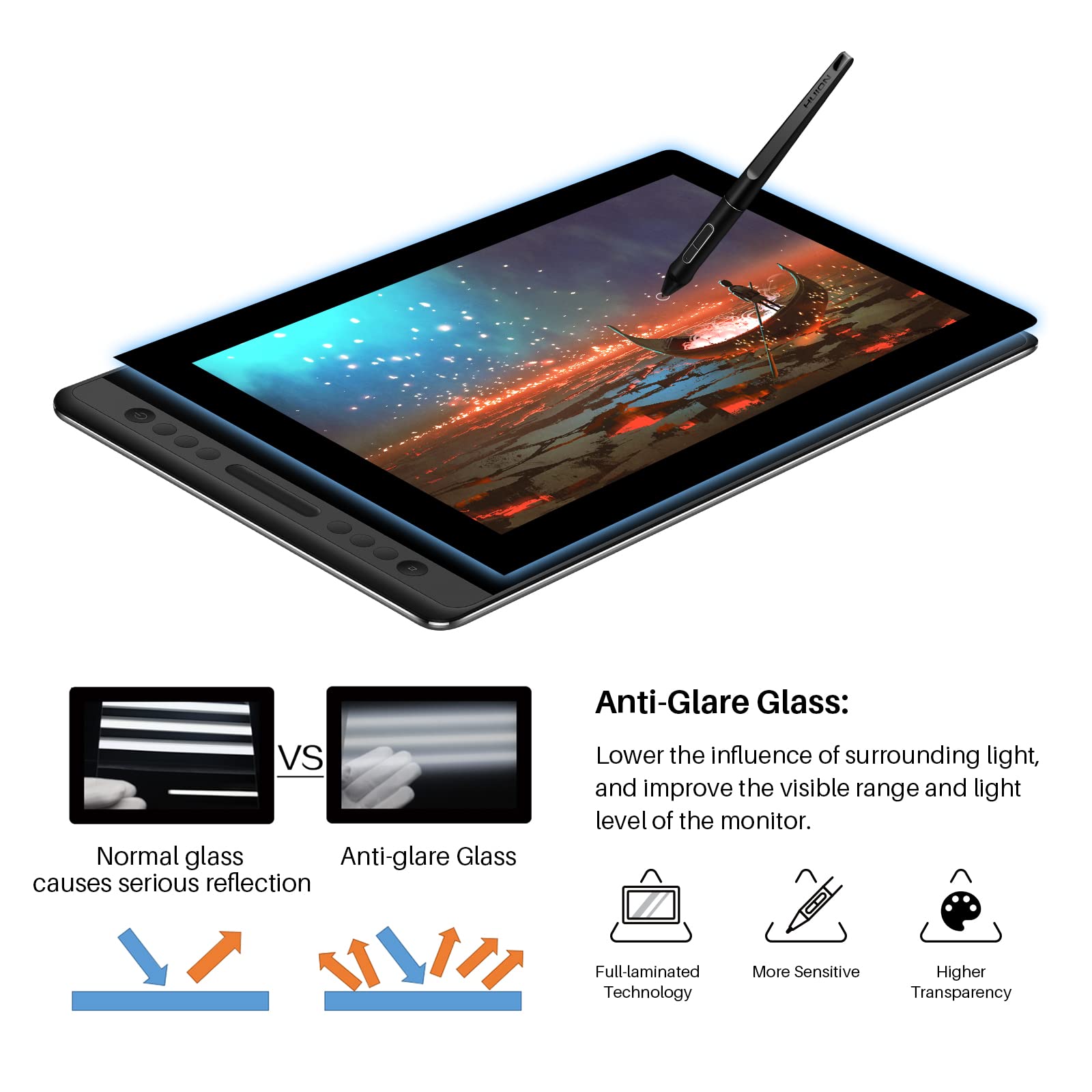 Foto 3 | Tableta Gráfica Huion Kamvas Pro 16 Color Negro, 15,6 Pulgadas, Laminada, Antideslumbrante, Con Soporte