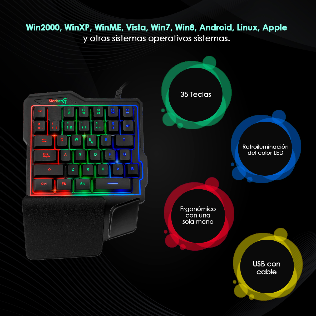 Foto 5 | Teclado de una Mano Gamer Starket Sk-004 color Negro