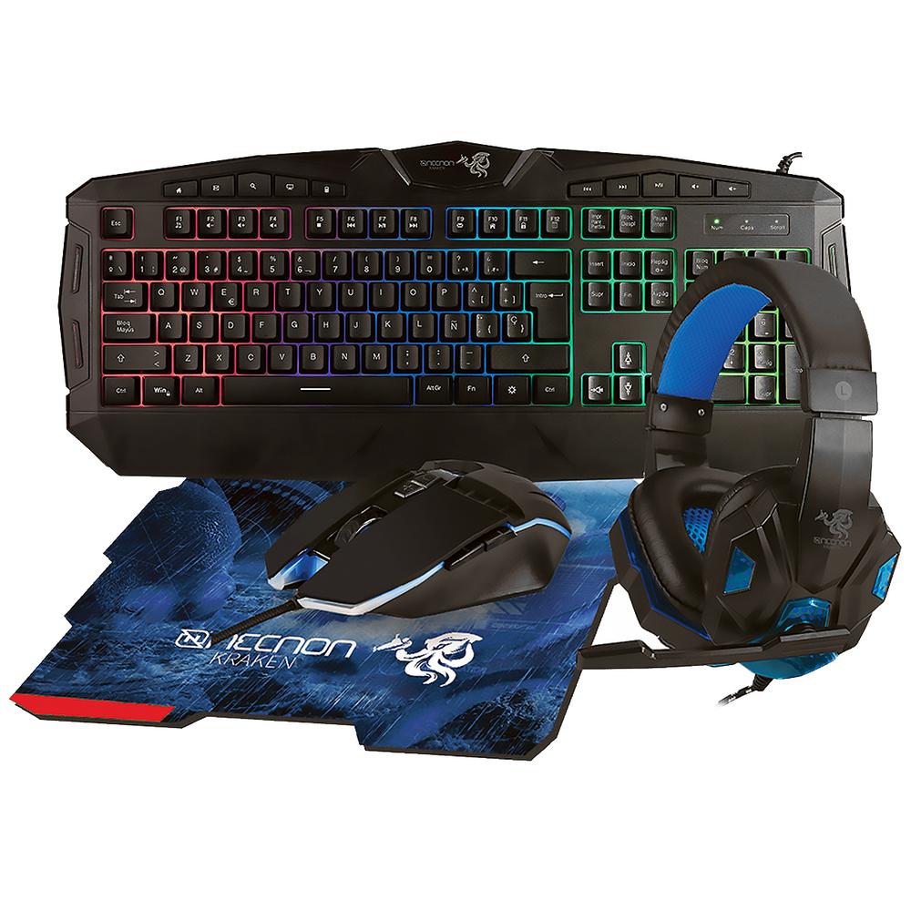 Kit Gamer 4 En 1 Necnon Ngc-kraken Teclado Mouse Audífonos Mousepad Azul Nccgkr0341