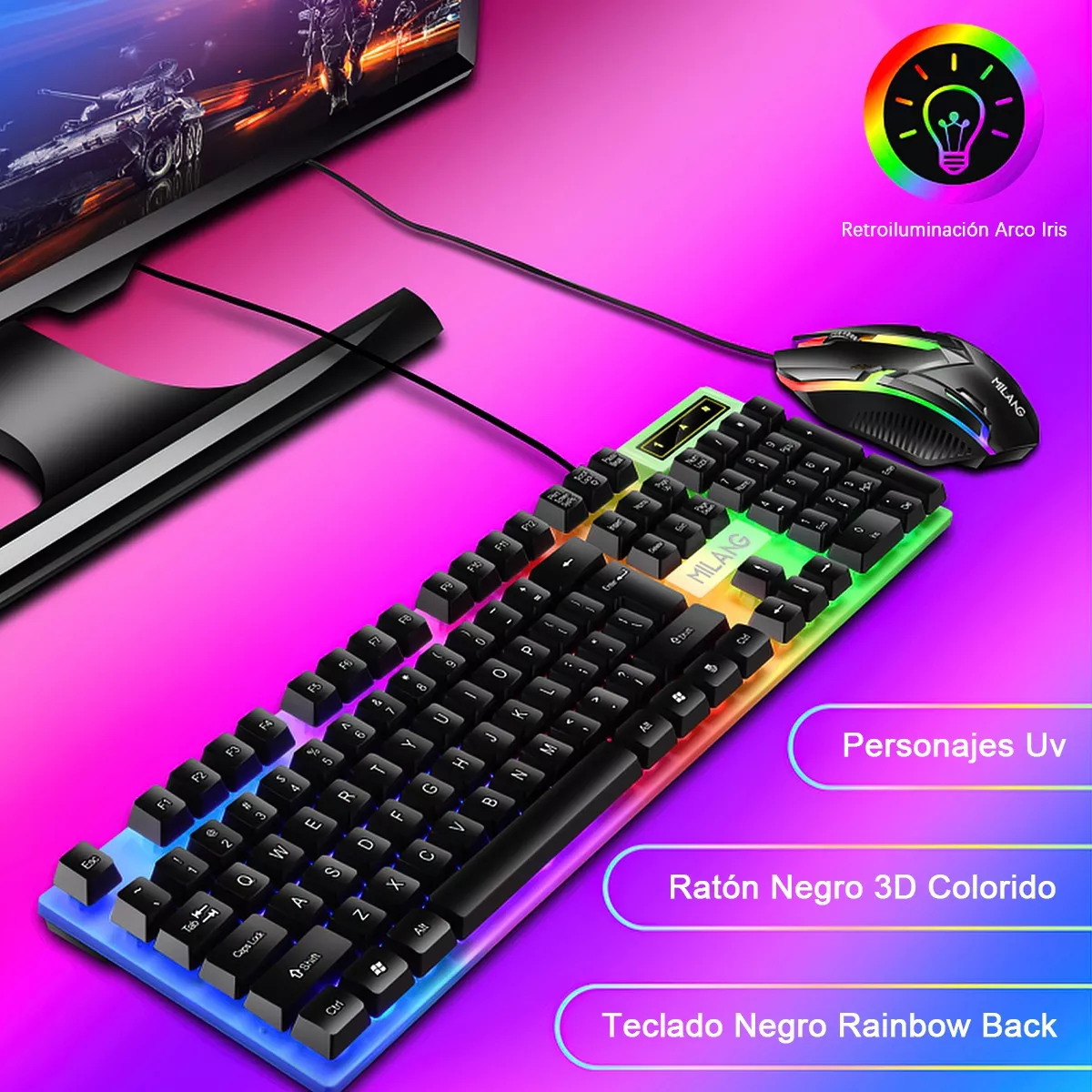 Foto 3 pulgar | Kit Teclado Mouse Game Profesional Alfombrilla de Ratón Usb Eo Safe Imports Esi-13020 Multicolor
