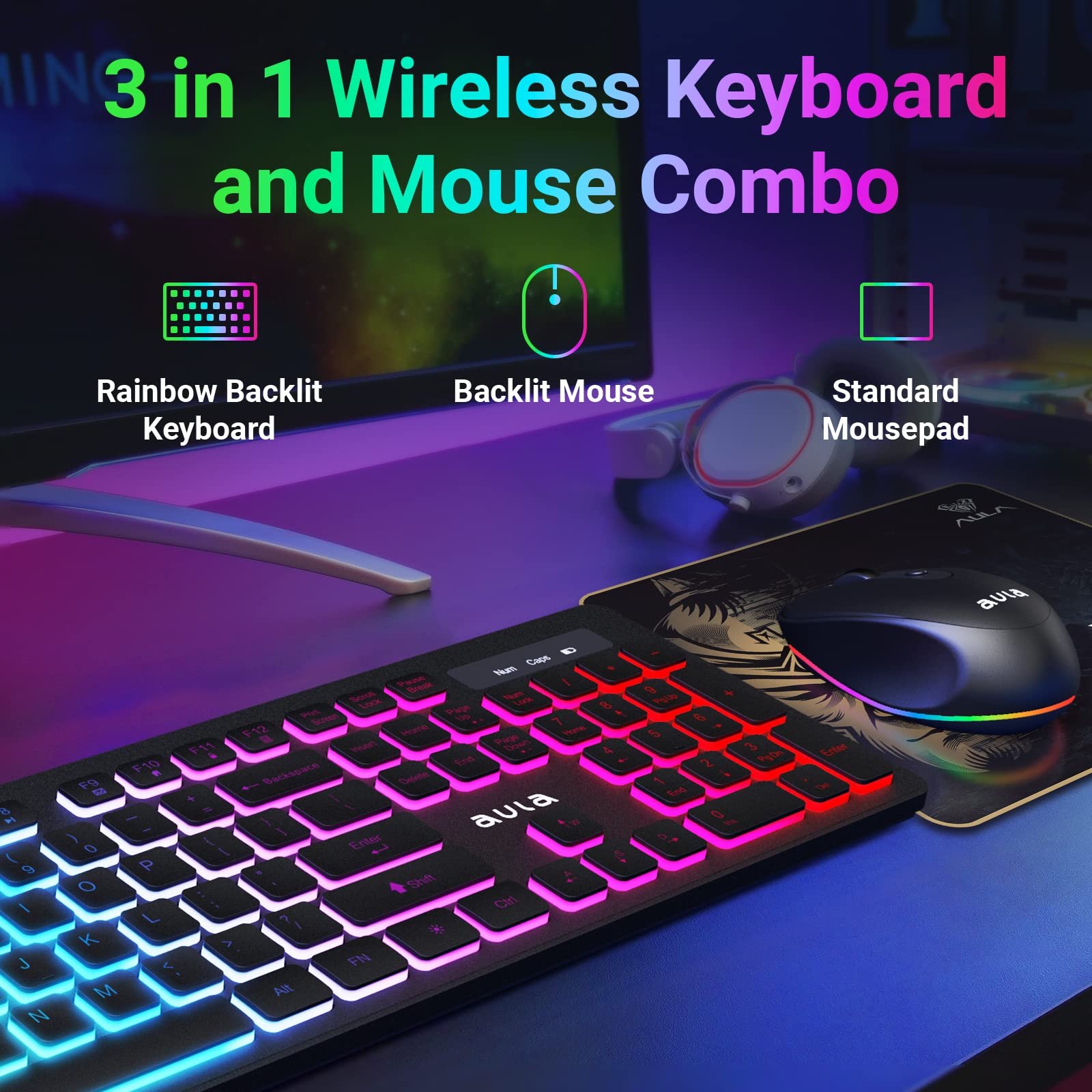 Foto 3 pulgar | Combo De Teclado Y Ratón Aula Inalámbrico Con Retroiluminación Rgb Recargable - Venta Internacional.