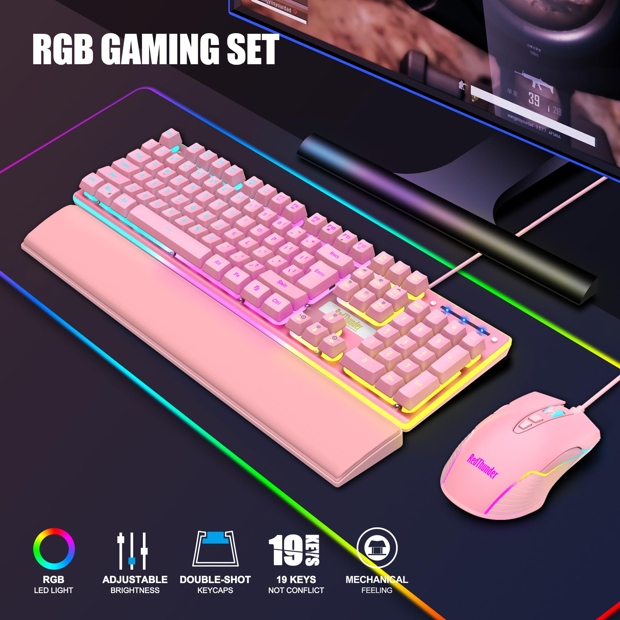 Foto 3 pulgar | Combo De Teclado Y Ratón Para Juegos Redthunder K10 Rgb Pink - Venta Internacional.
