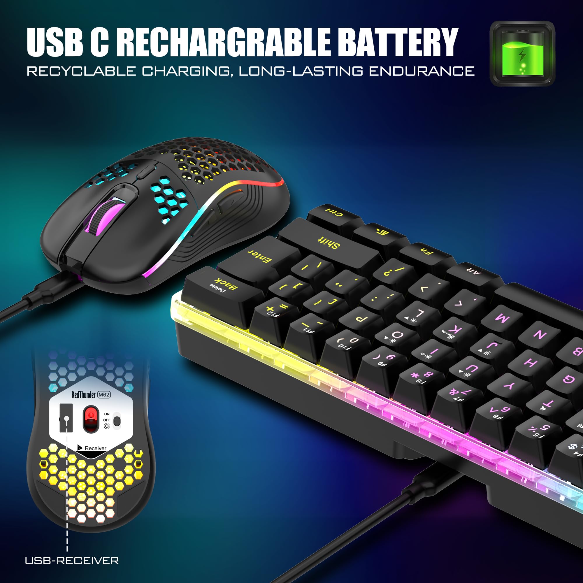 Foto 5 pulgar | Combo De Teclado Y Ratón Inalámbricos Para Juegos Redthunder 60% - Venta Internacional.