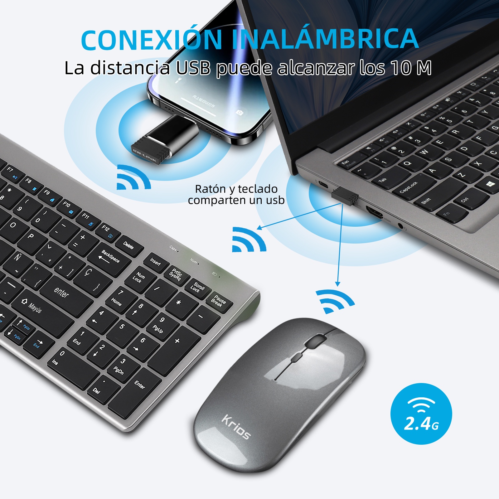 Foto 1 | Kit De Teclado Y Ratón Inalámbricos Krios K95 Spanish Layout