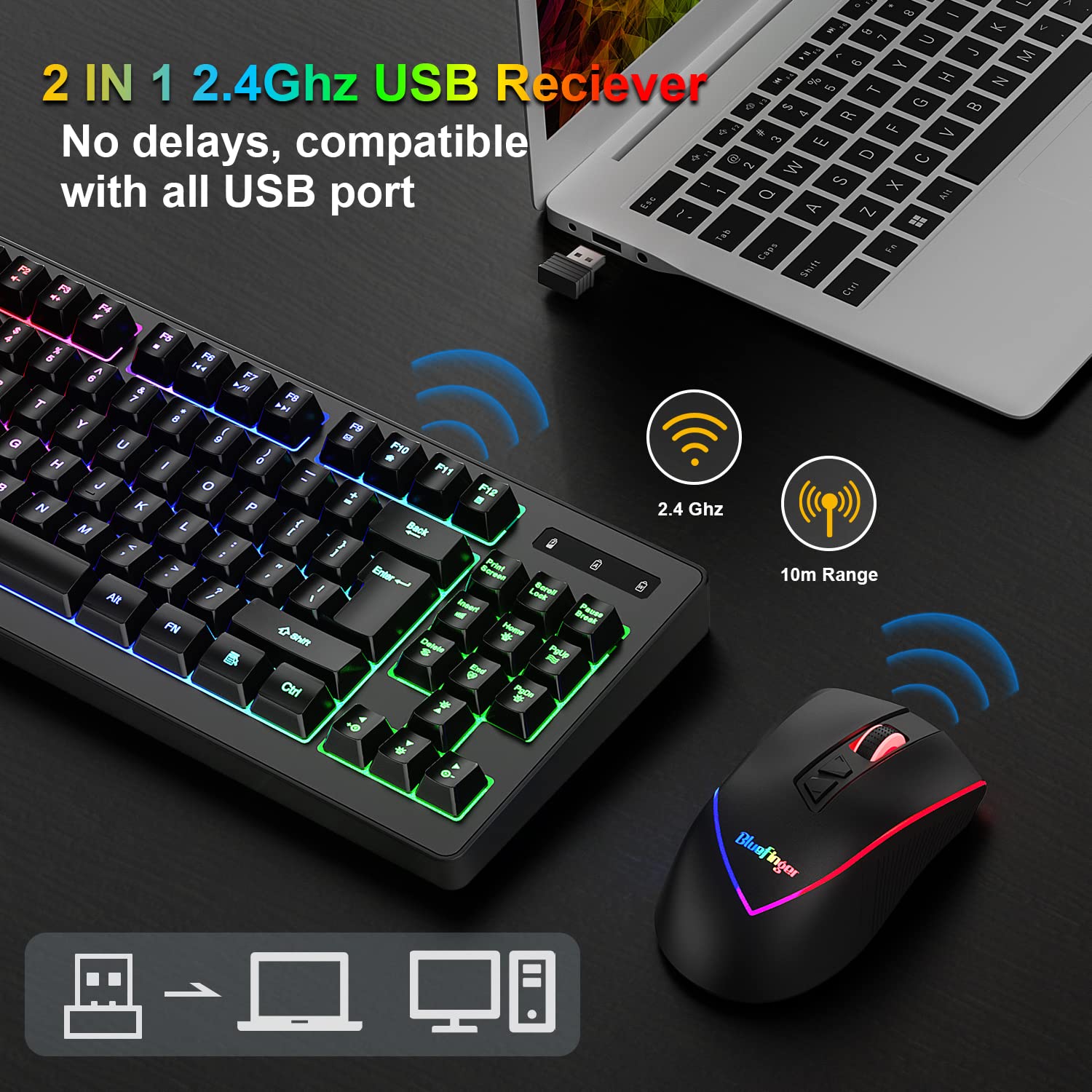 Foto 5 pulgar | Combinación De Teclado Y Ratón Inalámbricos Para Juegos Bluefinger - Venta Internacional.