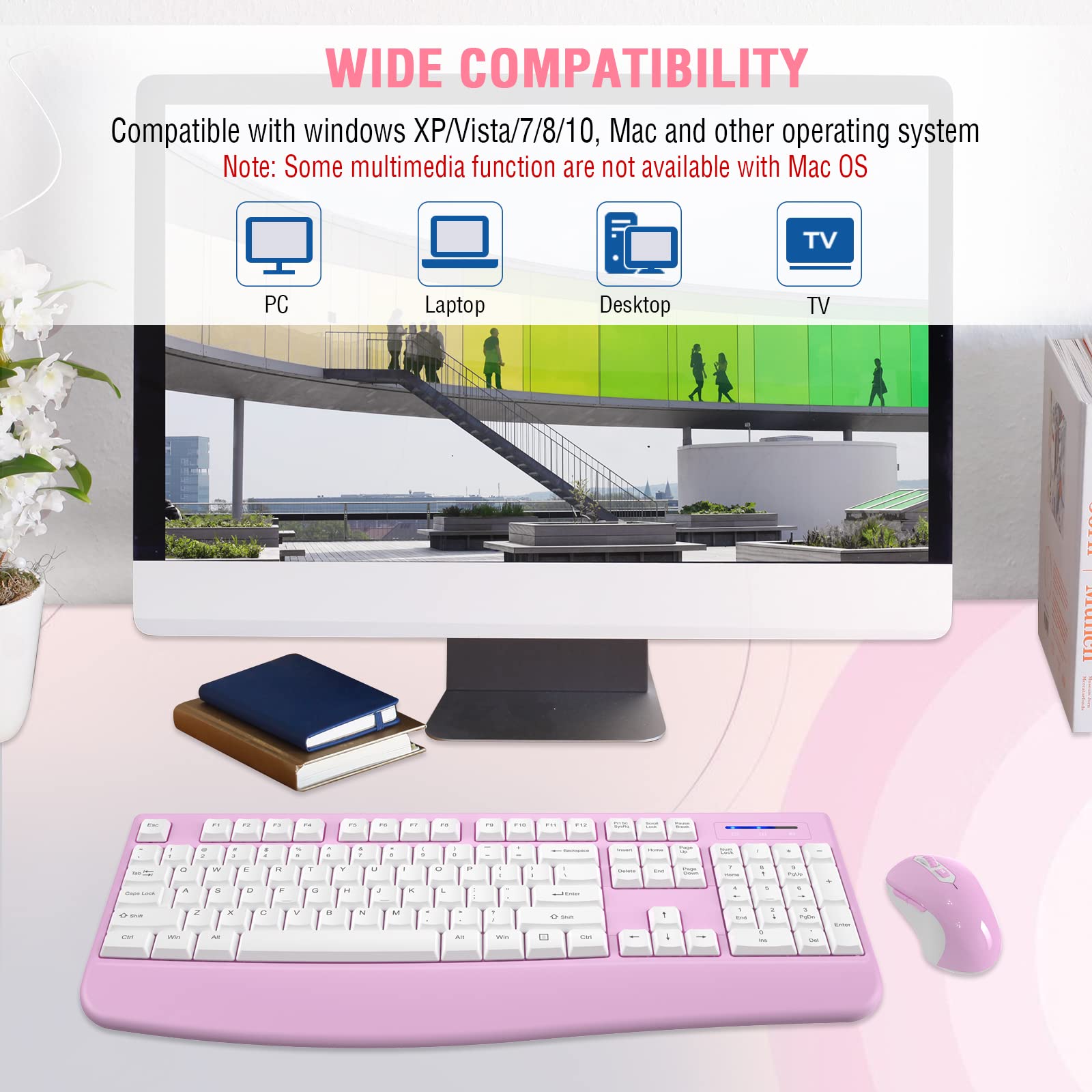 Foto 8 pulgar | Combo De Teclado Y Ratón Inalámbricos Edjo De Tamaño Completo  Blanco Y Rosa - Venta Internacional.