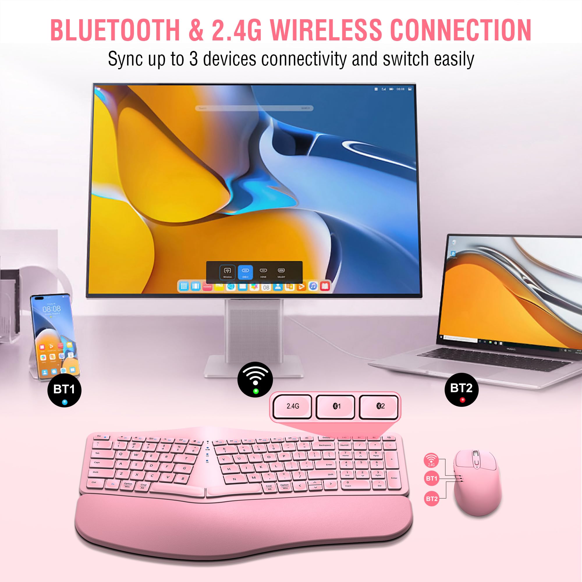 Foto 4 pulgar | Combo De Teclado Y Ratón Edjo Ergonomic Bluetooth/2.4g Rosa - Venta Internacional.