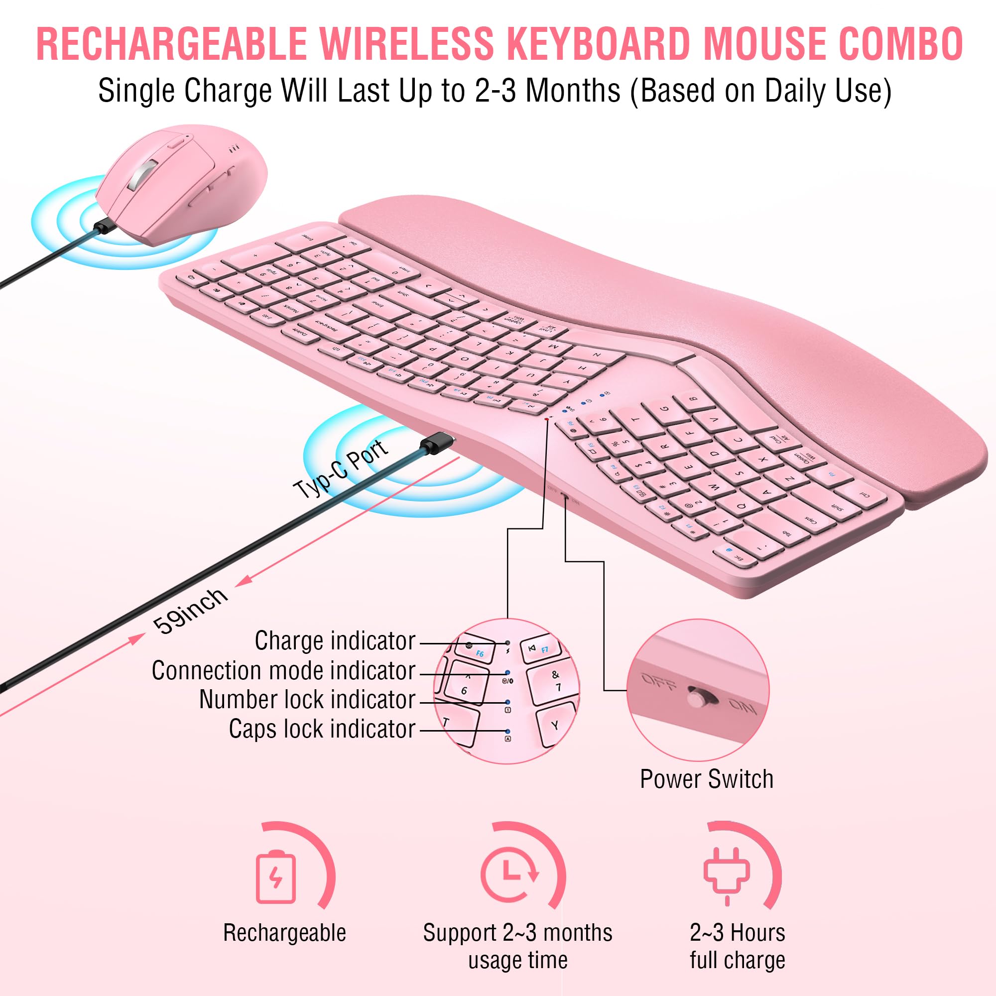Foto 5 pulgar | Combo De Teclado Y Ratón Edjo Ergonomic Bluetooth/2.4g Rosa - Venta Internacional.