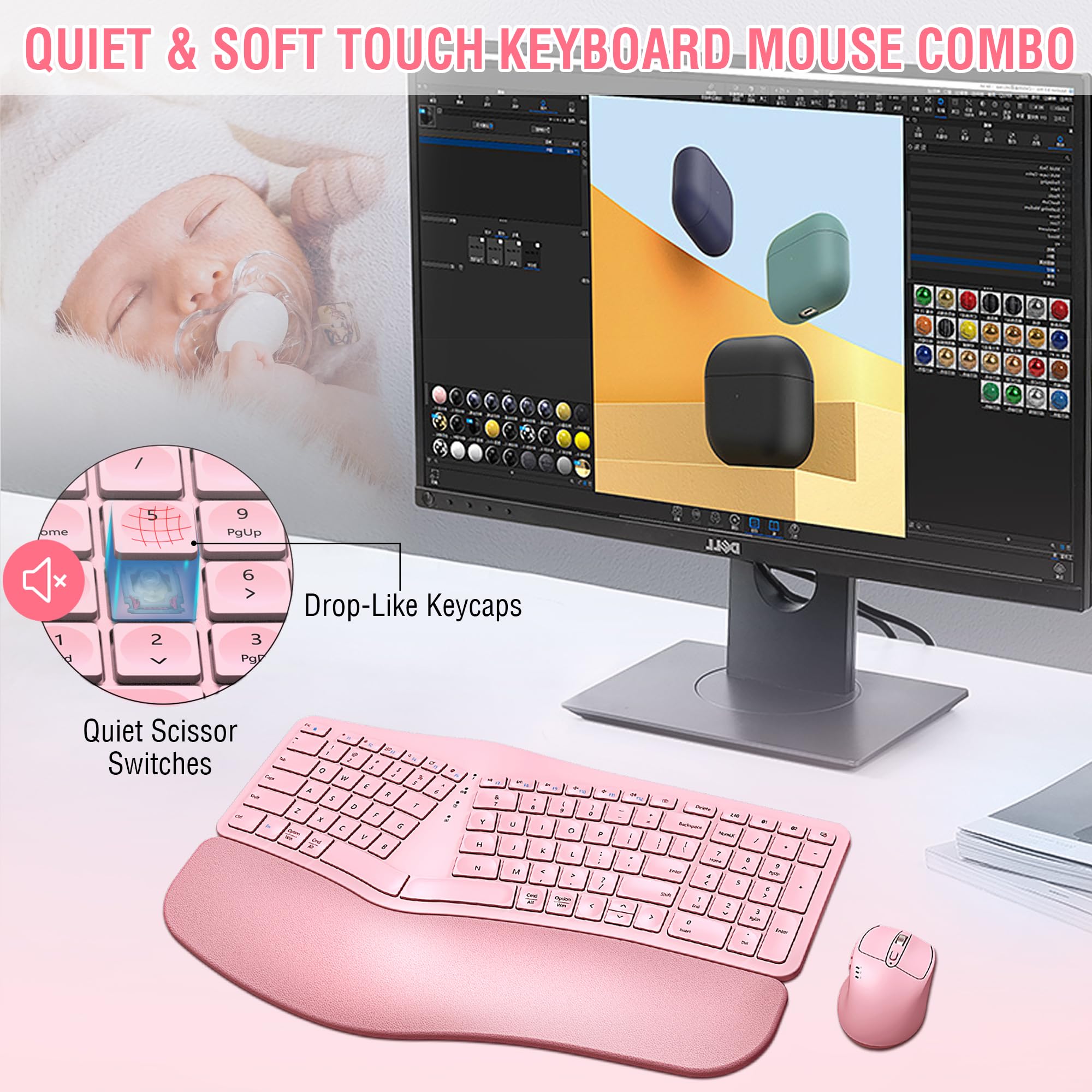 Foto 7 pulgar | Combo De Teclado Y Ratón Edjo Ergonomic Bluetooth/2.4g Rosa - Venta Internacional.
