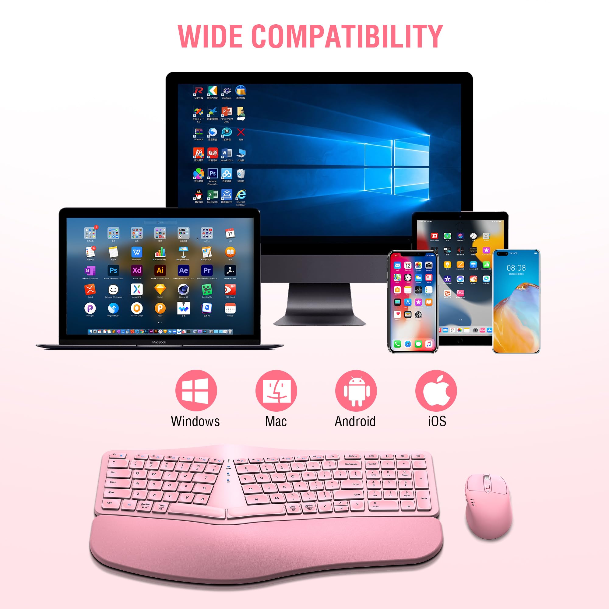 Foto 7 | Combo De Teclado Y Ratón Edjo Ergonomic Bluetooth/2.4g Rosa - Venta Internacional.