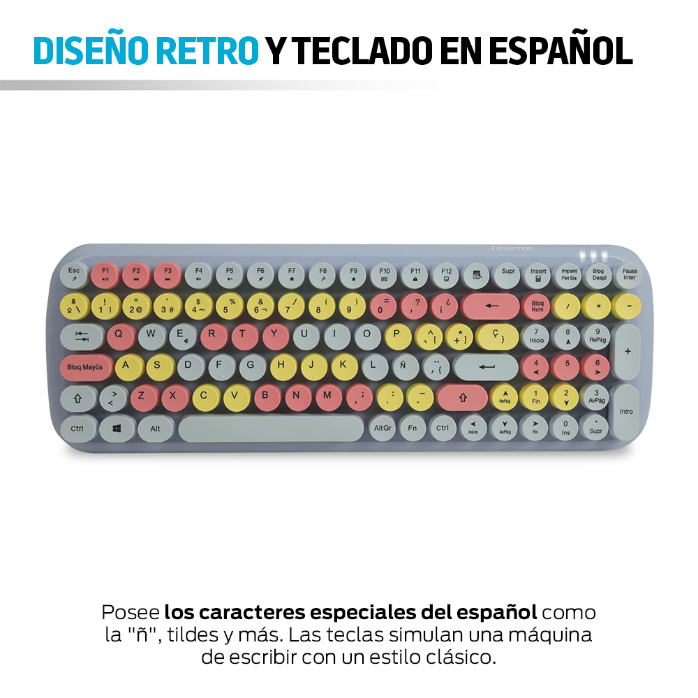 Foto 6 pulgar | Teclado y Mouse Redlemon 80842-bu Inalámbrico Retro Vintage USB color Gris