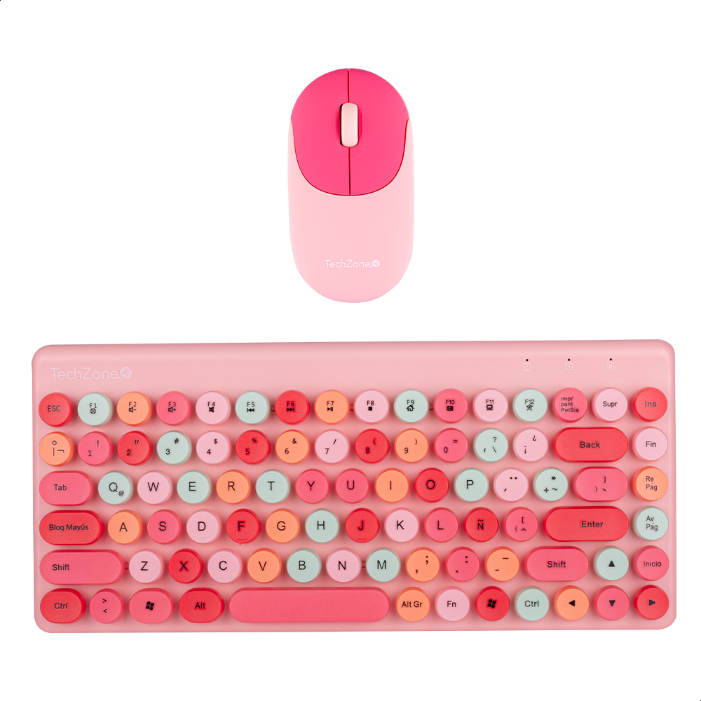Foto 1 | Teclado y Mouse Inalámbrico TechZone Diseño Retro color Rosa