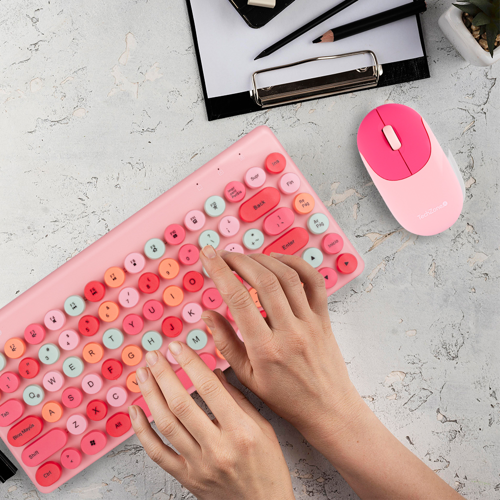 Foto 3 | Teclado y Mouse Inalámbrico TechZone Diseño Retro color Rosa