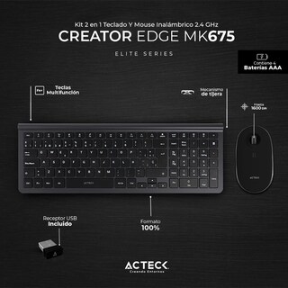 Foto 2 | Kit Teclado y Mouse Acteck Creator Inspire Edge Inalámbrico Usb 2.4ghz Ultra Delgado color Negro
