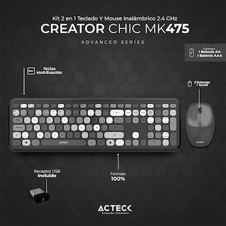 Foto 2 | Teclado y Mouse Acteck Creator Chic Colors Inalámbrico Usb 2.4ghz Delgado Gris