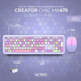 Foto 2 | Teclado y Mouse Acteck Creator Chic Colors Mk475 Inalámbrico Usb 2.4ghz Delgado Morado