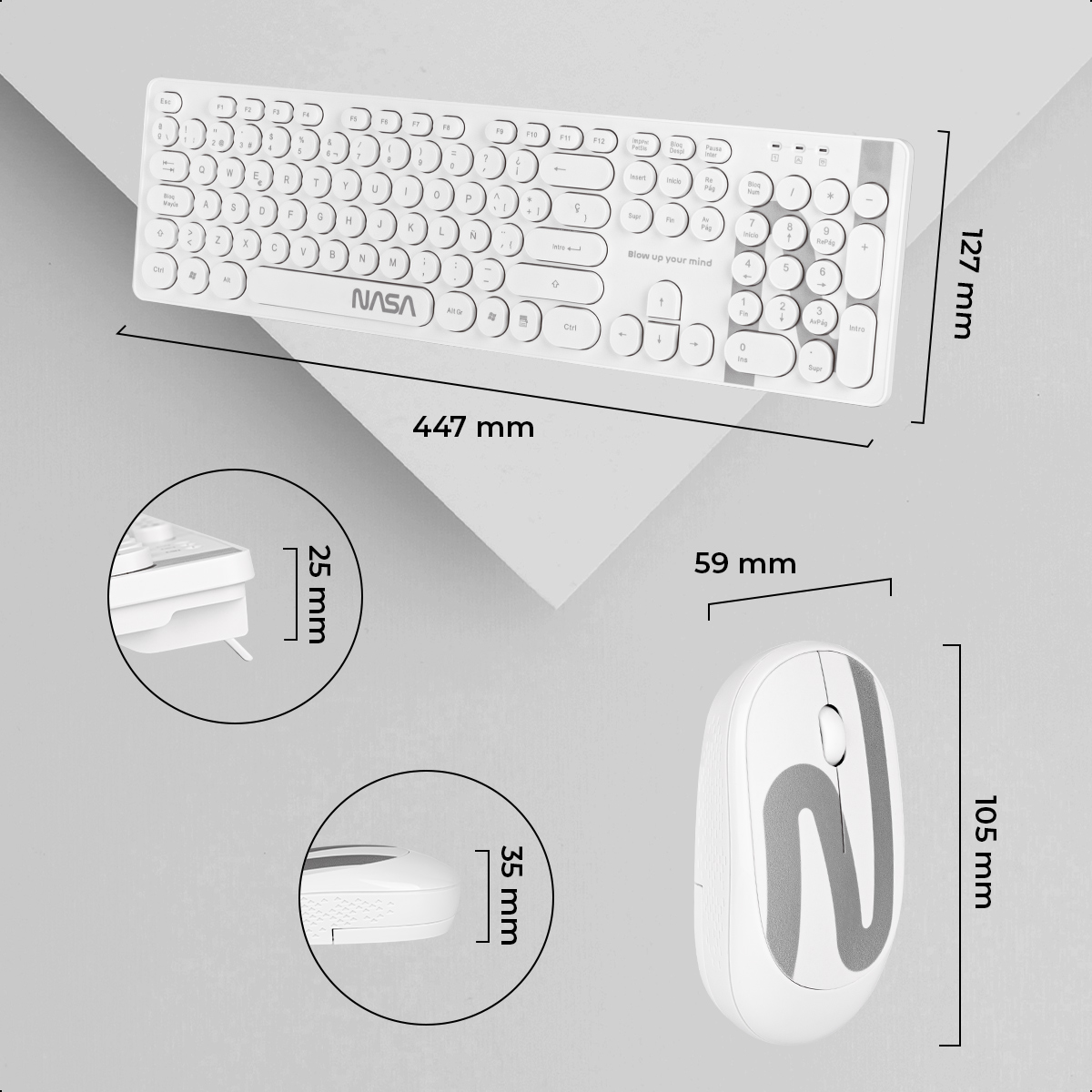 Foto 6 pulgar | Combo Teclado Y Mouse Inalámbrico Nasa Blanco Usb