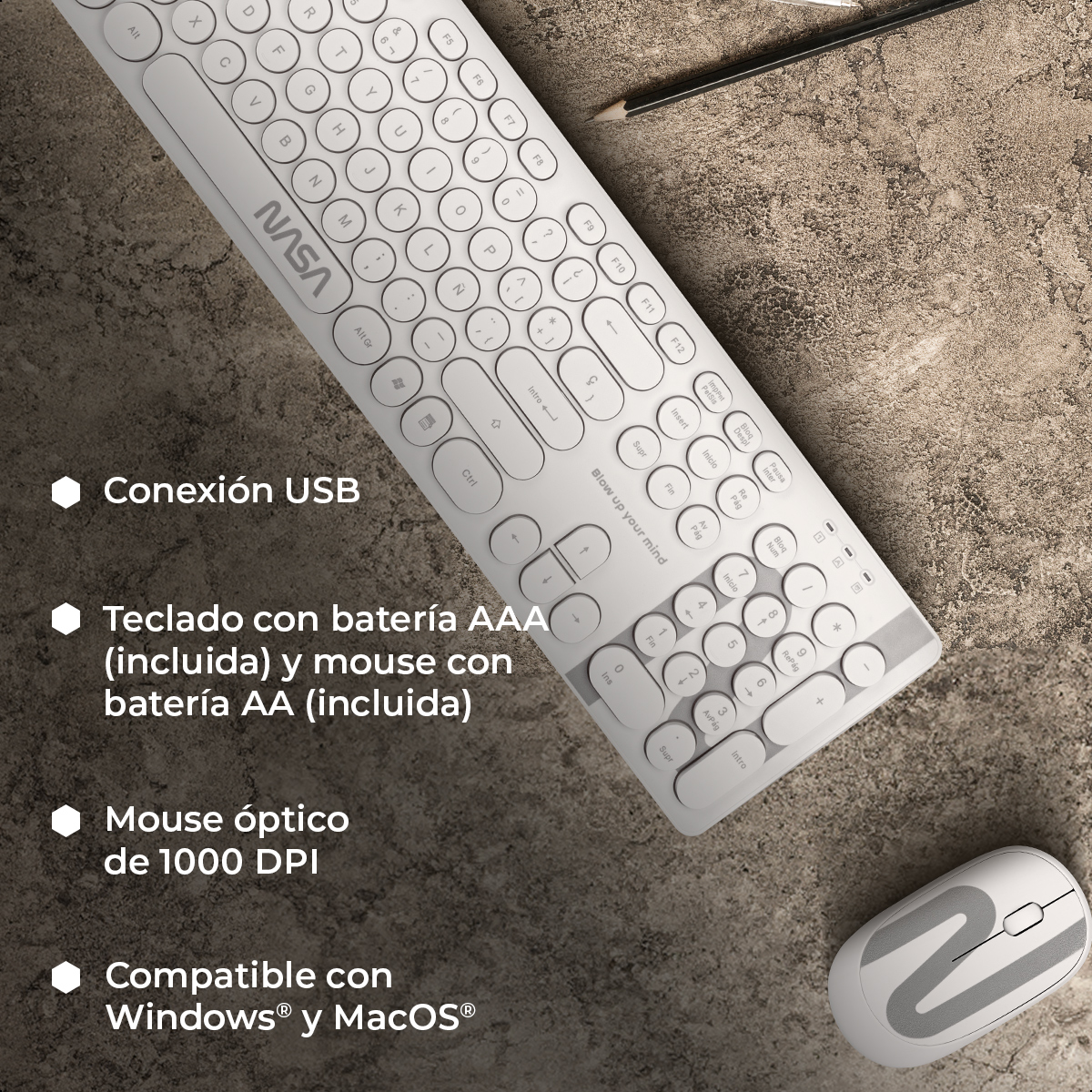 Foto 7 pulgar | Combo Teclado Y Mouse Inalámbrico Nasa Blanco Usb