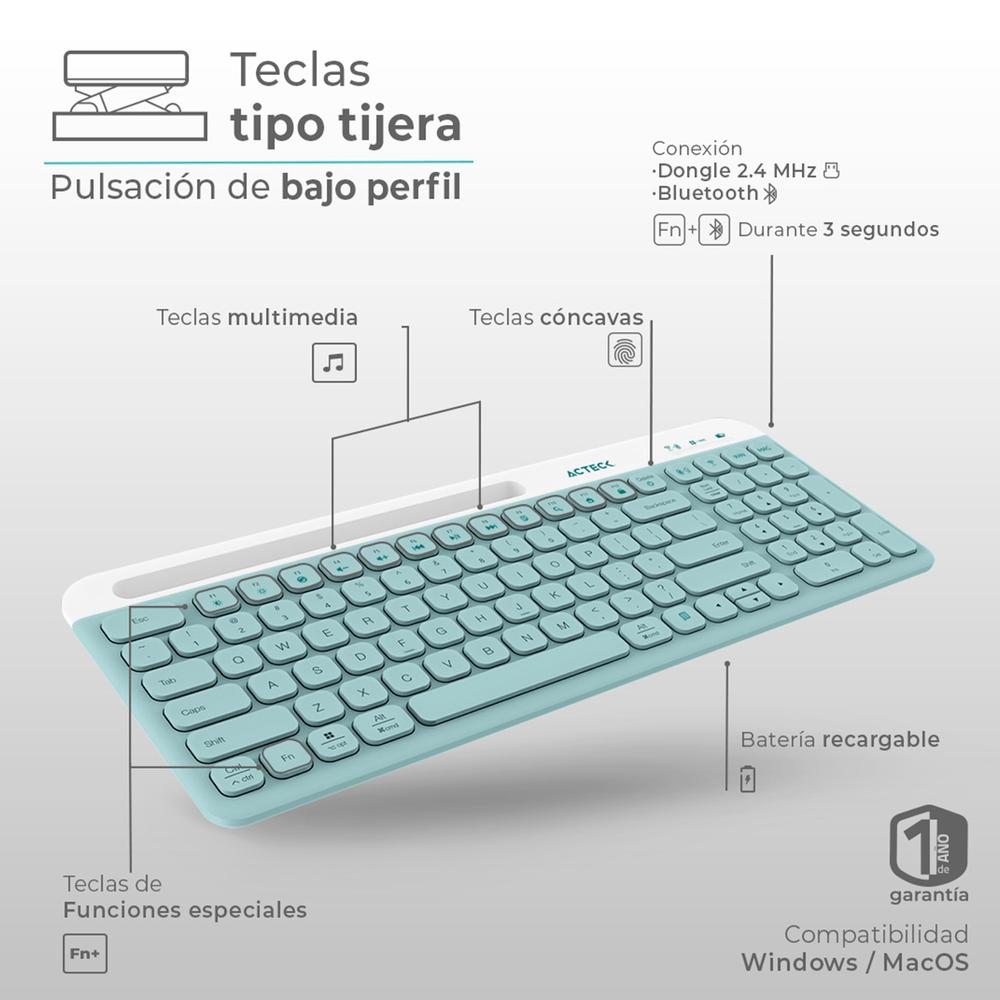 Foto 3 | Kit Teclado y Mouse Inalámbricos Acteck Creator Virtuos Slik MK720 Multidispositivo USB 2.4 MHz + BT 5.0