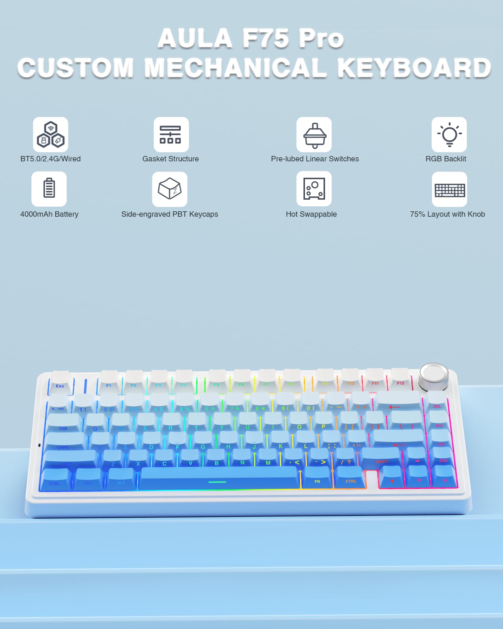 Foto 3 pulgar | Teclado Mecánico Inalámbrico Aula F75 Pro 75% Gasket Blue - Venta Internacional.