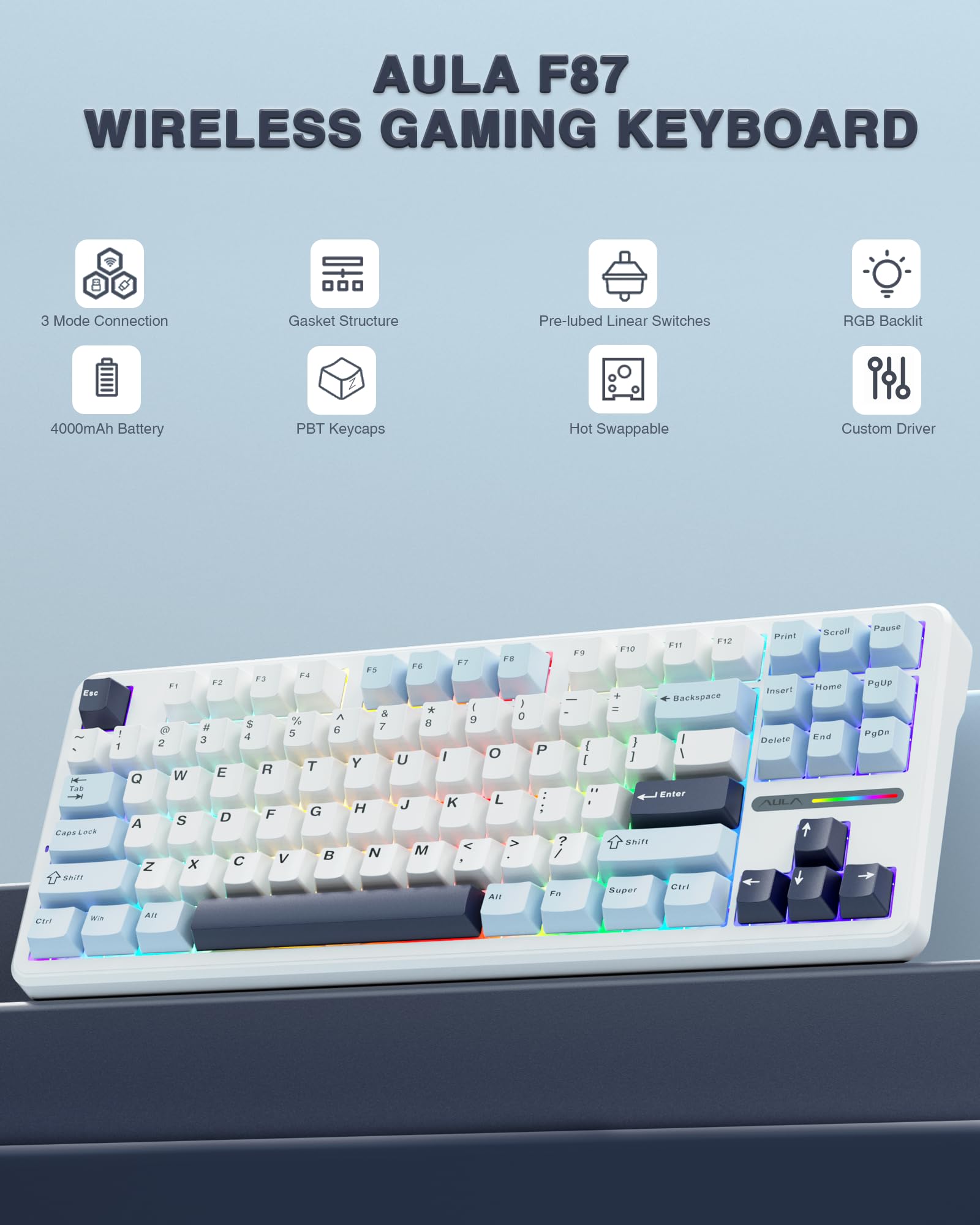 Foto 2 | Teclado Mecánico Inalámbrico Aula F87 75% Tkl Rgb Retroiluminado - Venta Internacional.