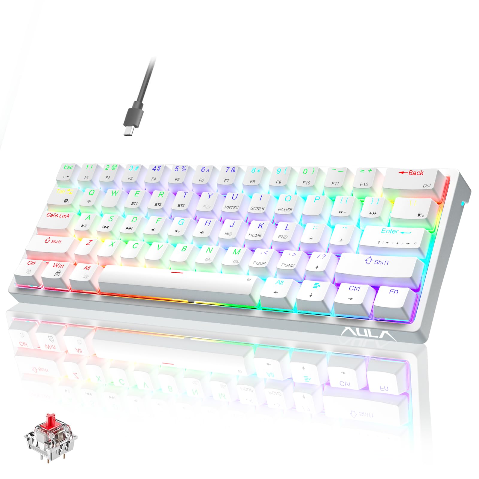 Teclado Mecánico Para Videojuegos Aula 60% Blanco Con Retroiluminación Rgb - Venta Internacional.