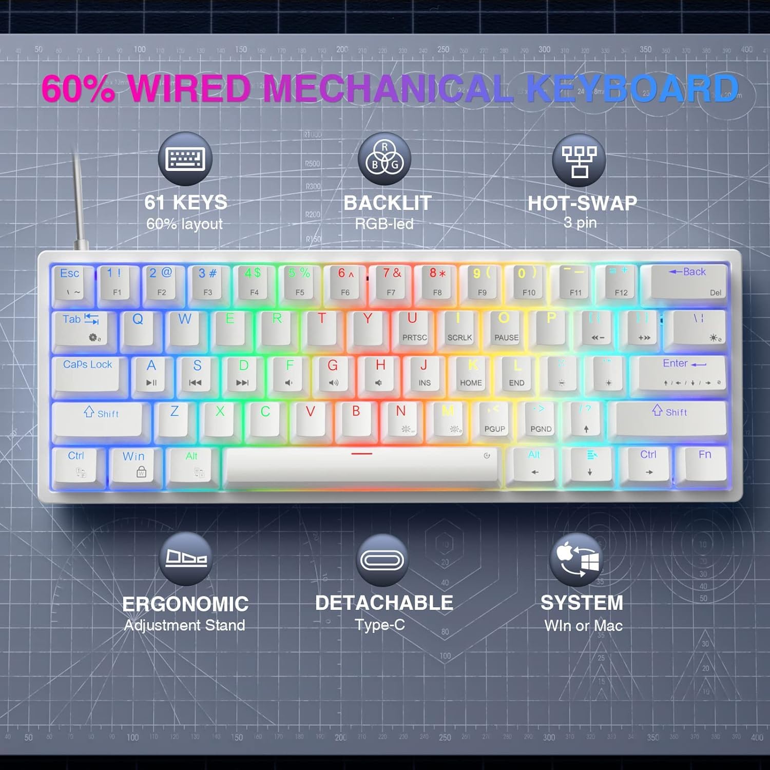 Foto 3 pulgar | Teclado Mecánico Para Videojuegos Aula 60% Blanco Con Retroiluminación Rgb - Venta Internacional.