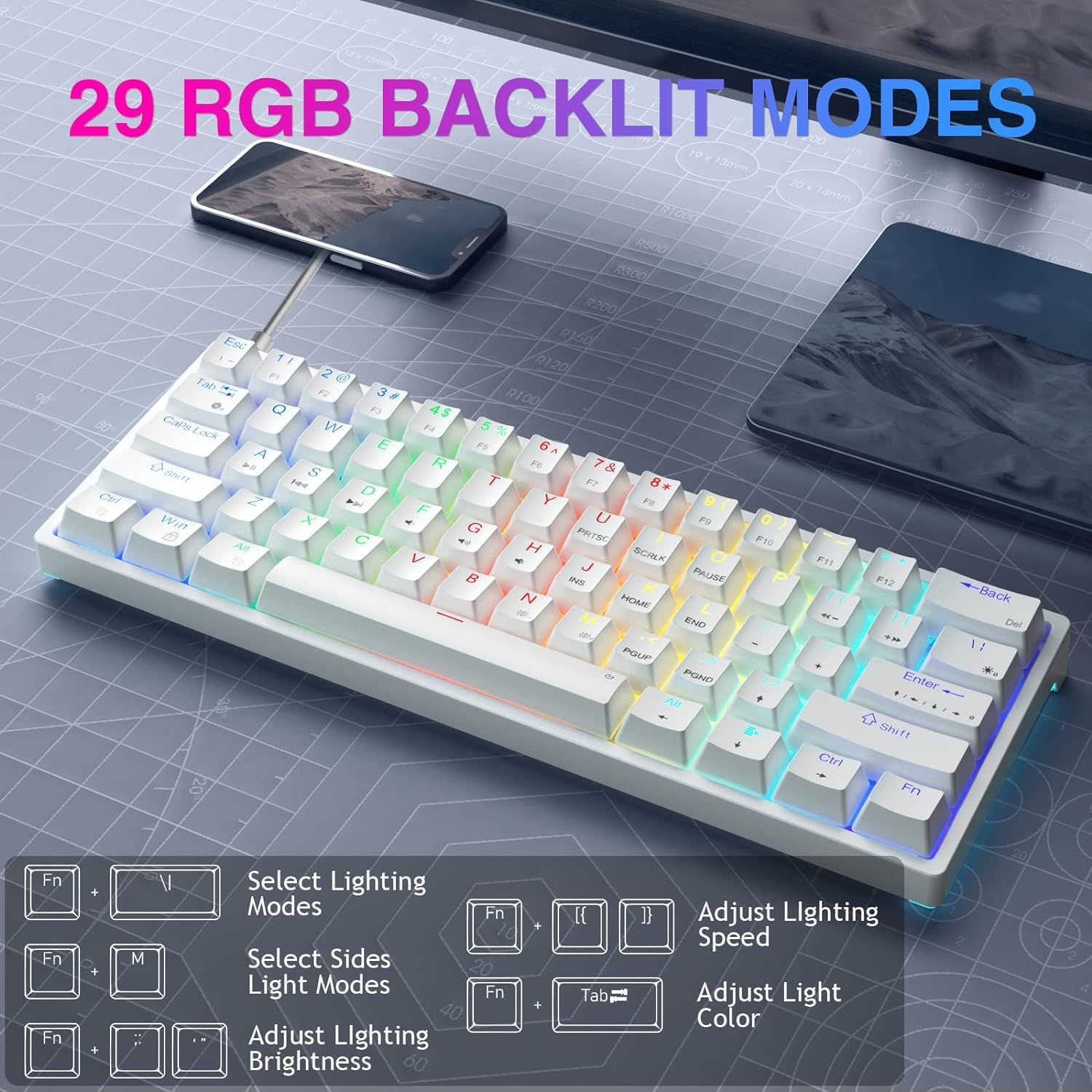 Foto 4 pulgar | Teclado Mecánico Para Videojuegos Aula 60% Blanco Con Retroiluminación Rgb - Venta Internacional.