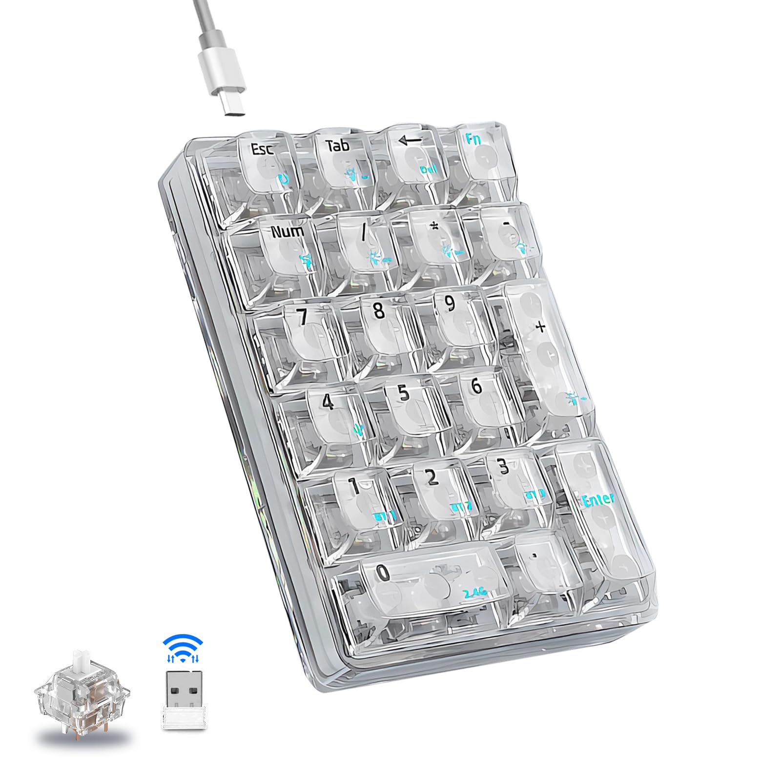 Teclado Numérico Aula De 21 Teclas, Trimodo, Inalámbrico, Mecánico, Blanco - Venta Internacional.