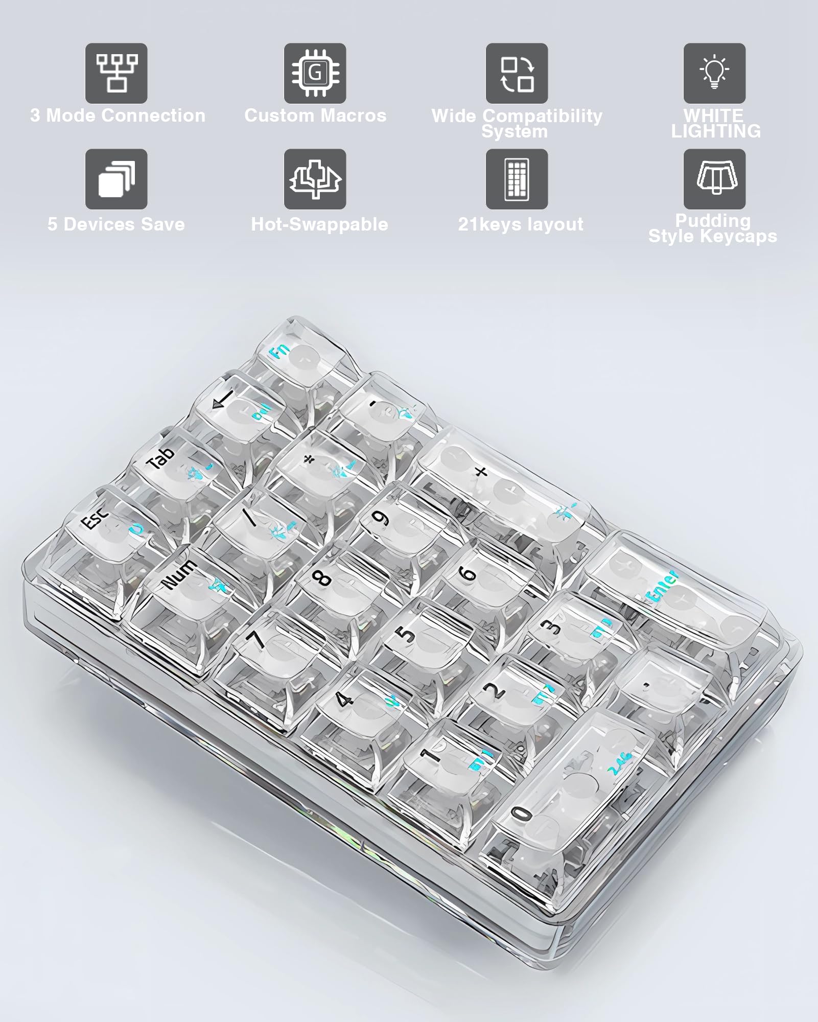 Foto 3 pulgar | Teclado Numérico Aula De 21 Teclas, Trimodo, Inalámbrico, Mecánico, Blanco - Venta Internacional.
