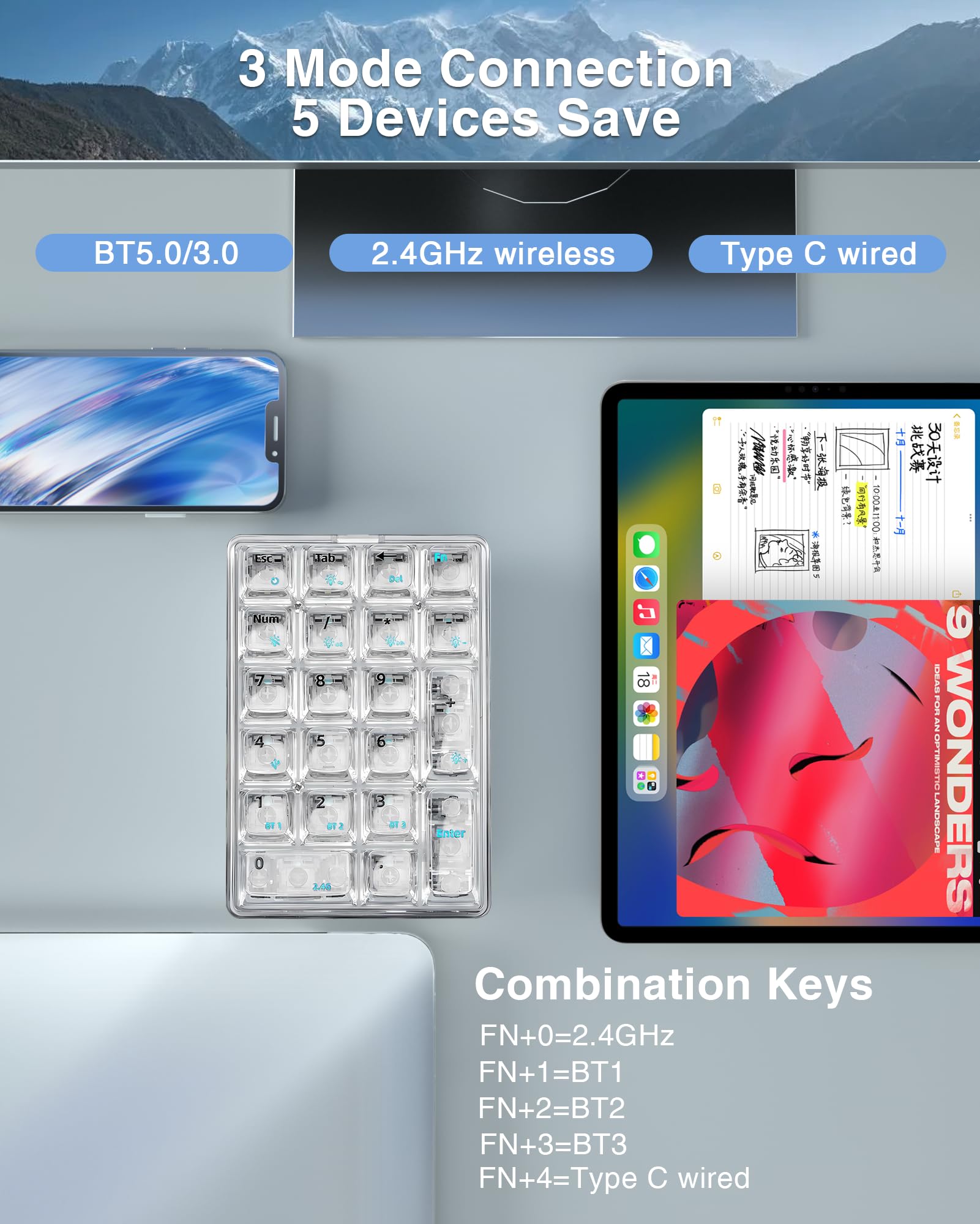 Foto 4 | Teclado Numérico Aula De 21 Teclas, Trimodo, Inalámbrico, Mecánico, Blanco - Venta Internacional.