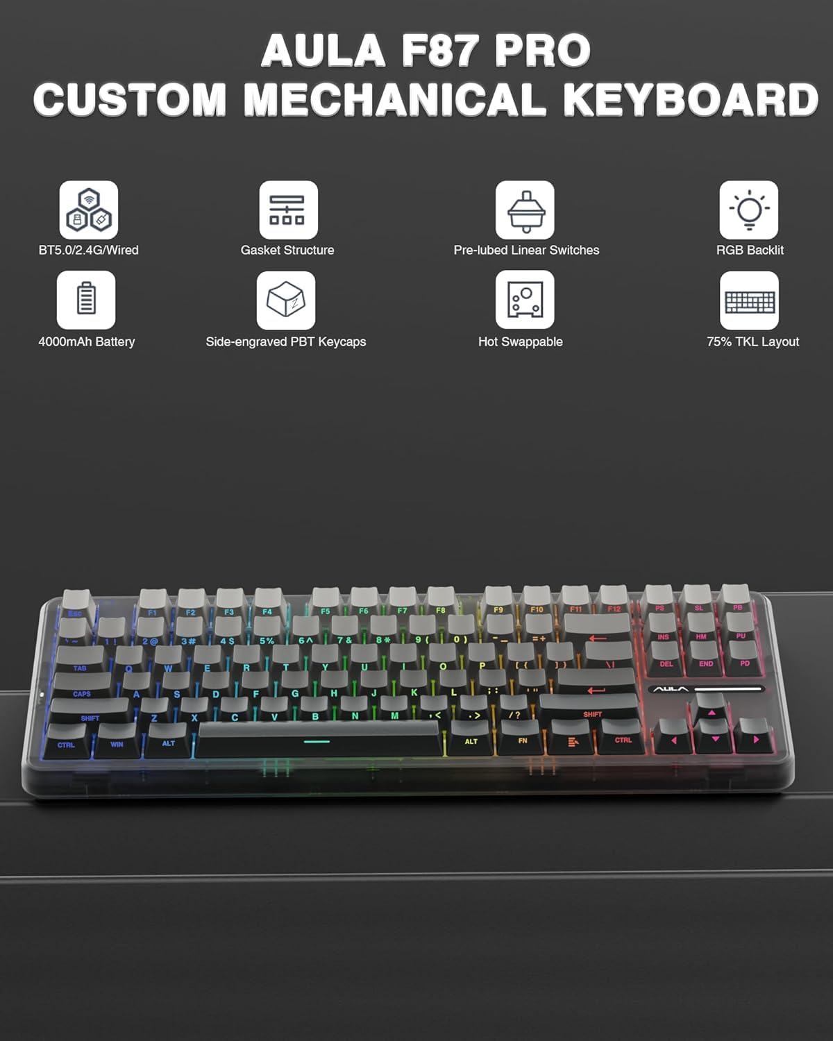 Foto 4 | Teclado Mecánico Inalámbrico Aula F87 Pro Tri-mode Bt5.0/2.4ghz - Venta Internacional.