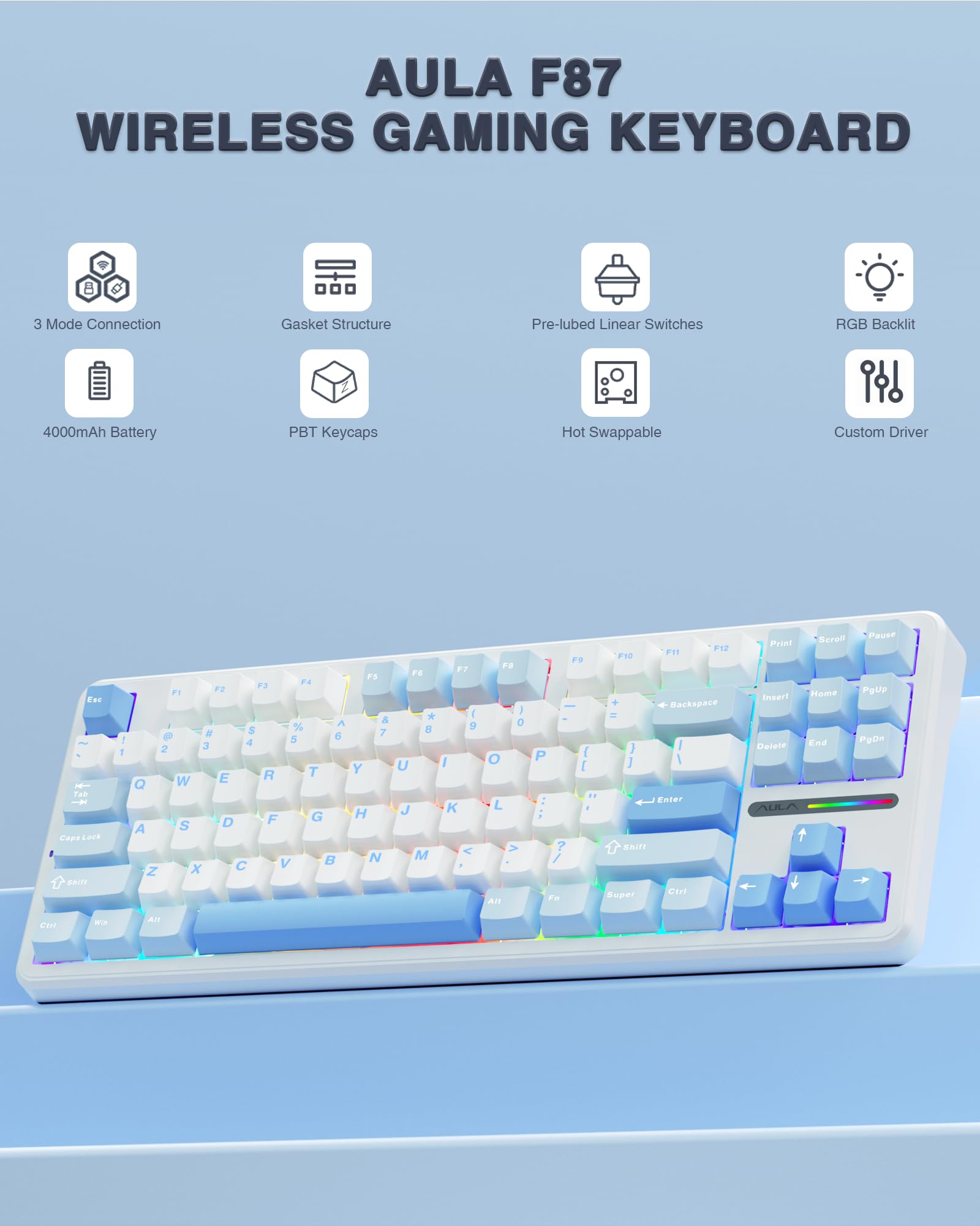 Foto 3 pulgar | Teclado Mecánico Inalámbrico Aula F87 75% Tkl Rgb Retroiluminado - Venta Internacional.