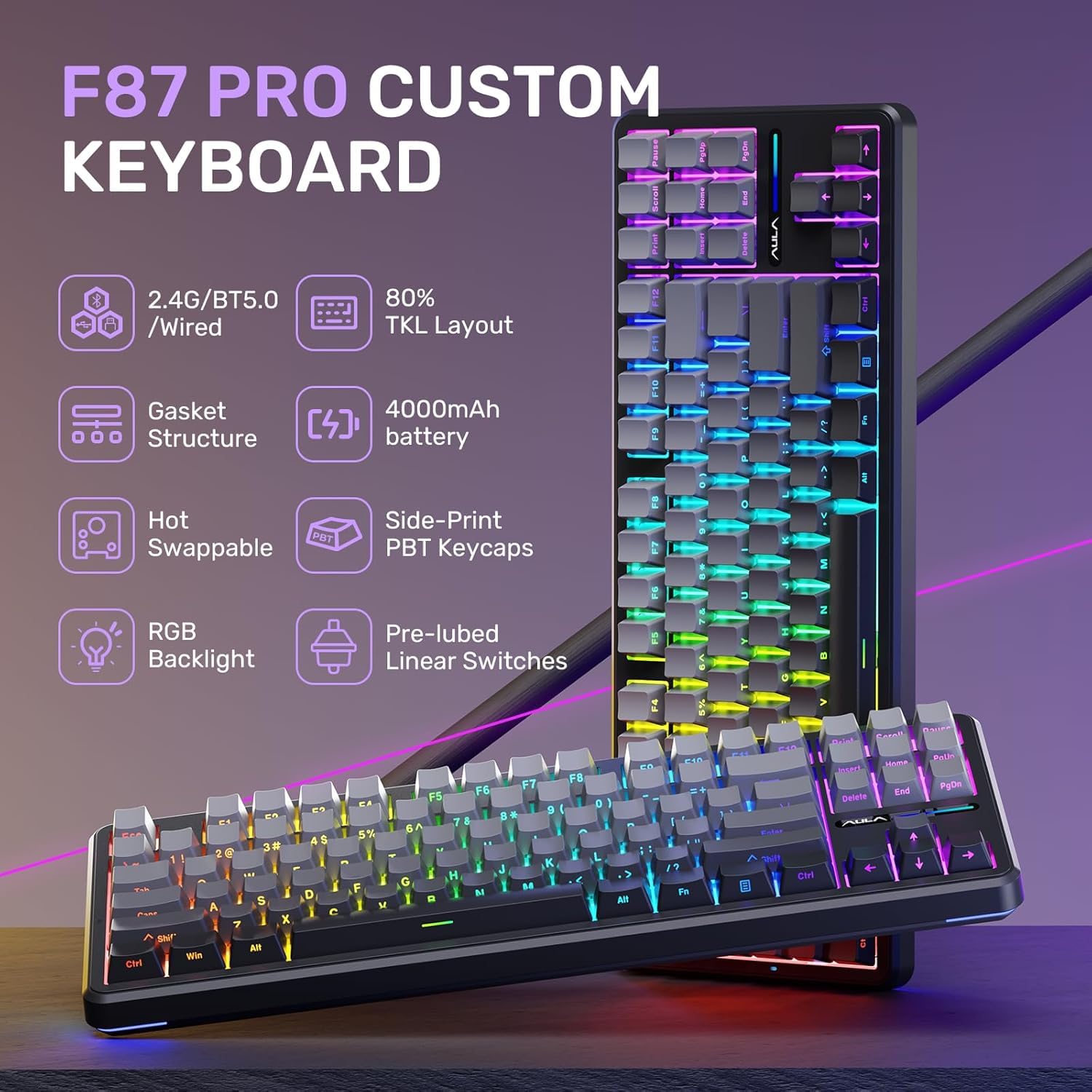 Foto 3 pulgar | Teclado Aula F87 Pro Trimodo Bluetooth/2,4 Ghz/usb-c Rgb - Venta Internacional.